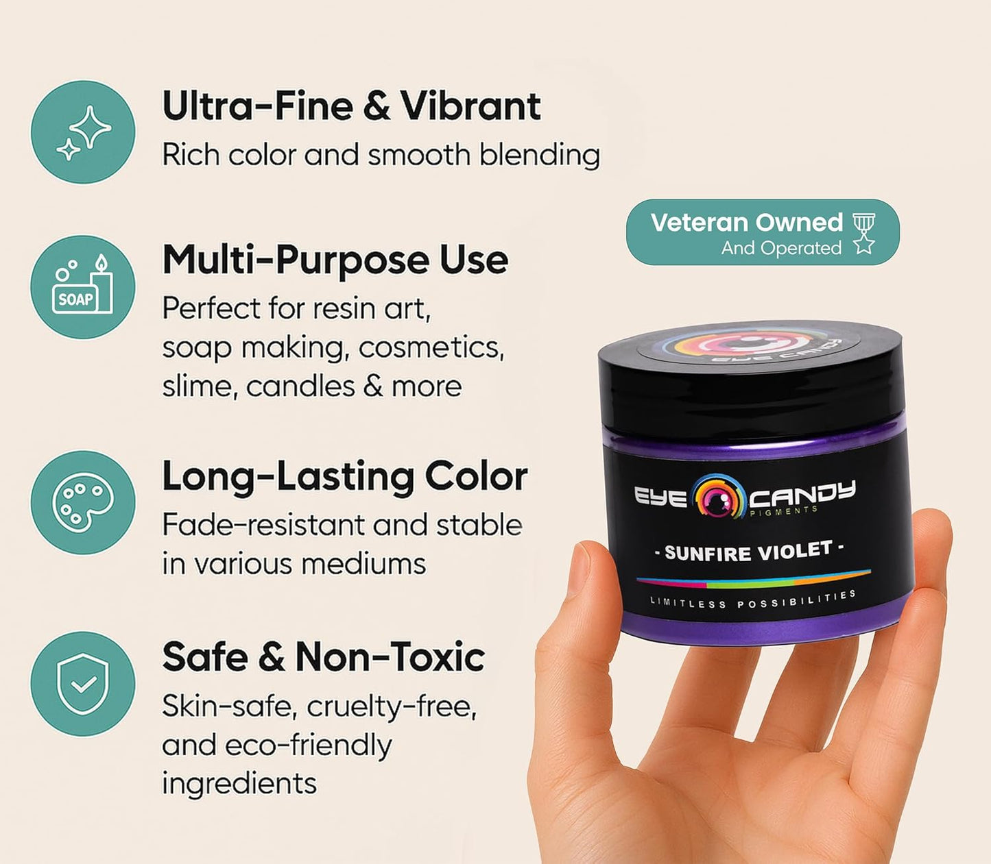 Eye Candy Pigments Premium Purple Mica Powder - Sunfire Violet (50gr) - for Epoxy, Resin, Soap, Paint, Woodworking, Acrylic Pouring, Bath Bombs, Fishing Lures - DIY Arts and Crafts Additive