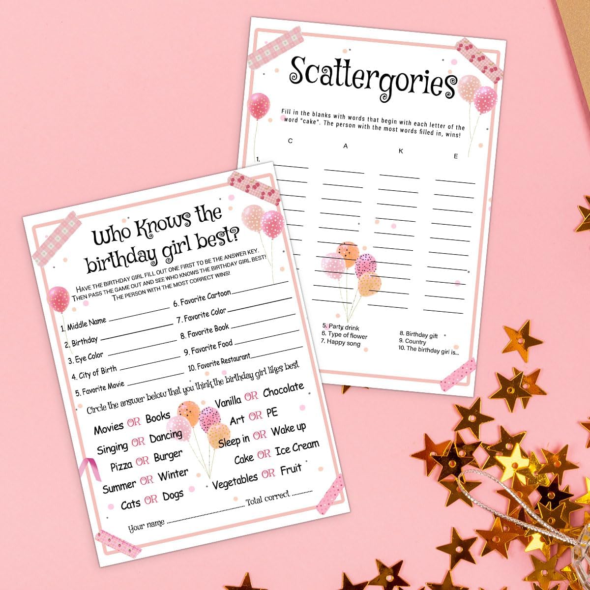 Birthday Party Games Set for Girls, Funny Girls Party Game, Girl Birthday‘s Supplies, Activity, Decorations, Includes Who Knows the Birthday Girl Best, Scattergories, 20 Double Sided Games Cards