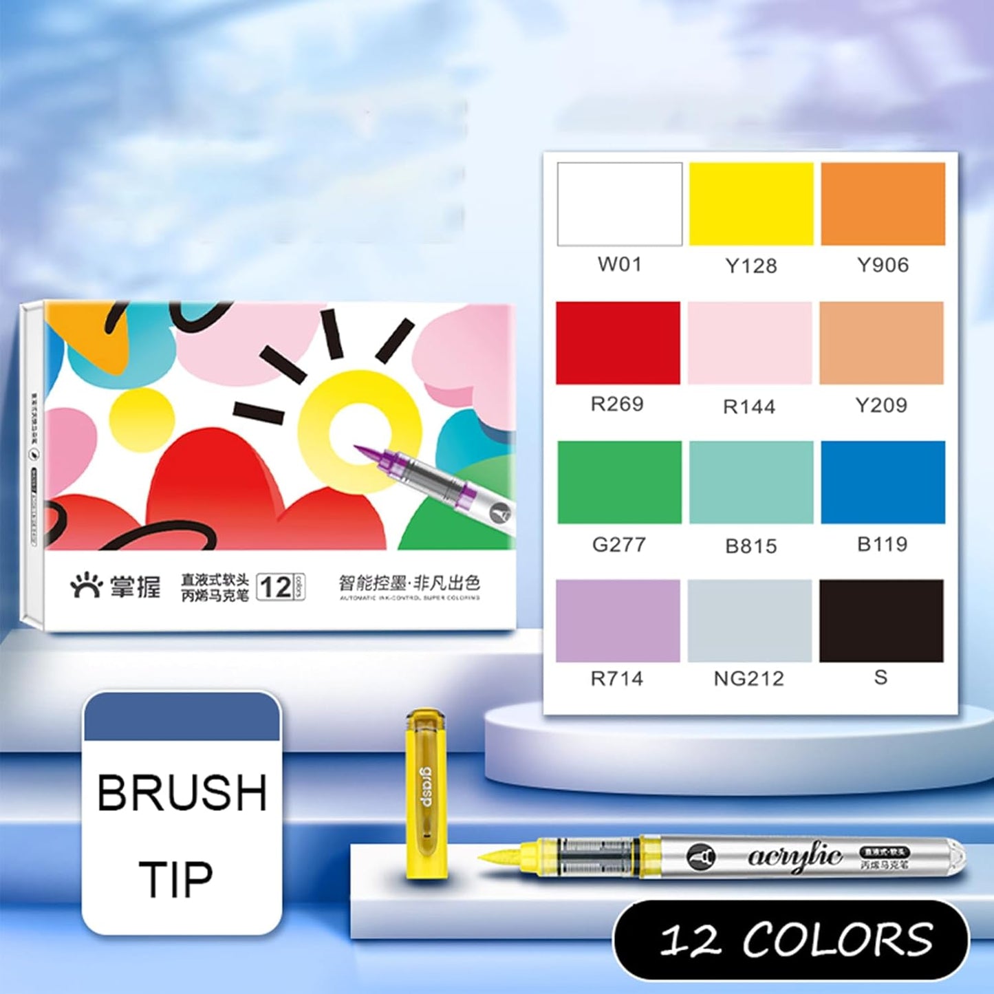 12 Colors Acrylic Paint Markers Set, Water Based Acrylic Paint Pens With Visual Ink Window,Soft Brush Tip Acrylic Markers for canvas, Egg, rock painting,Wood, Stone, Glass, Fabric and DIY Crafts Art