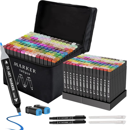 Banral 140 Colors Alcohol Markers Set, Dual Tip Alcohol Based Art Marker for Artists Kids Adult Coloring, Permanent Illustration Sketch Pens for Drawing with Case and Holders