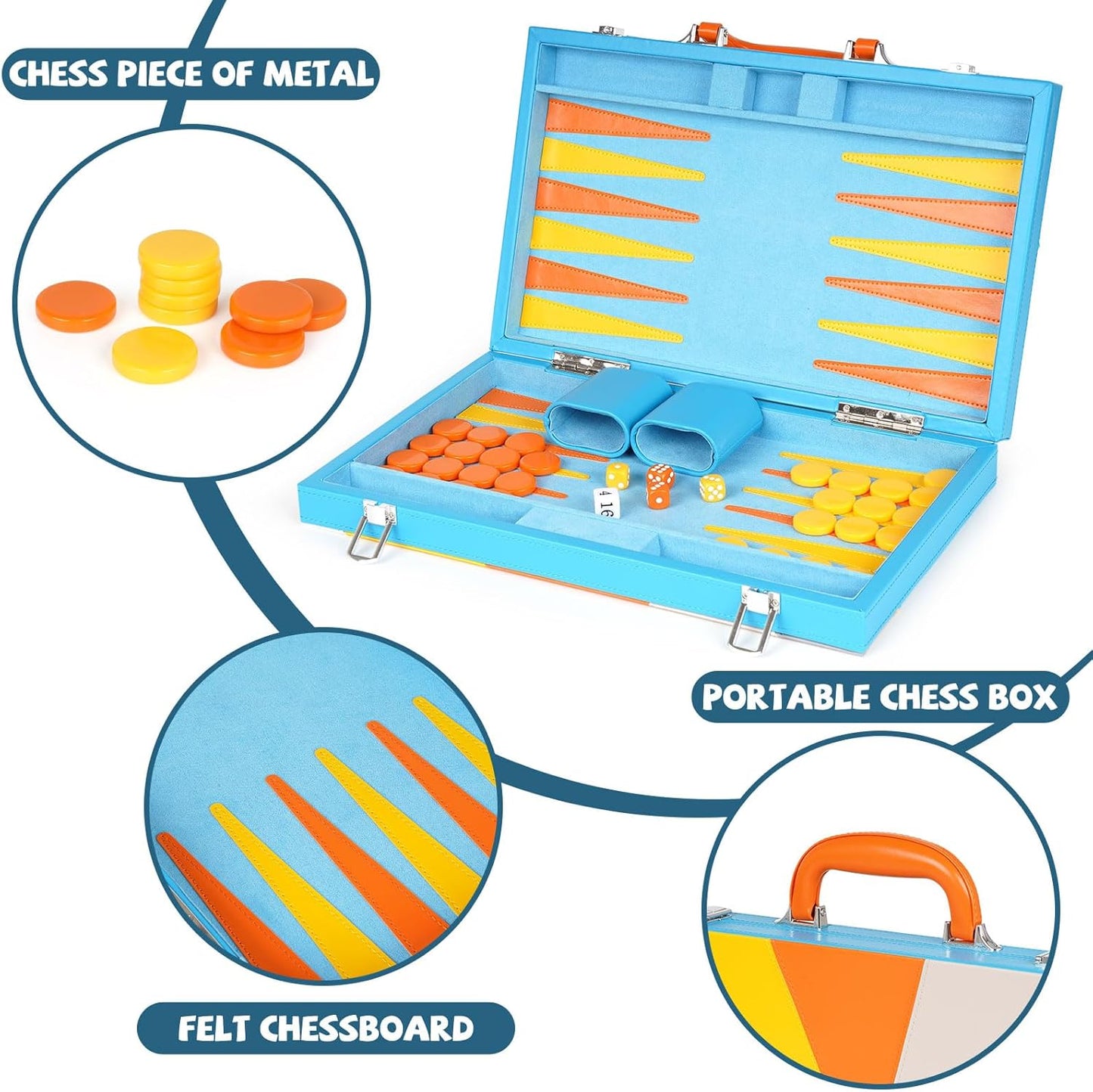 Backgammon Set, 15 Inches Classic Board Game with Leather Case, Geometric Leather Backgammon Game, Folding Portable Travel Strategy Backgammon Game Set for Adults