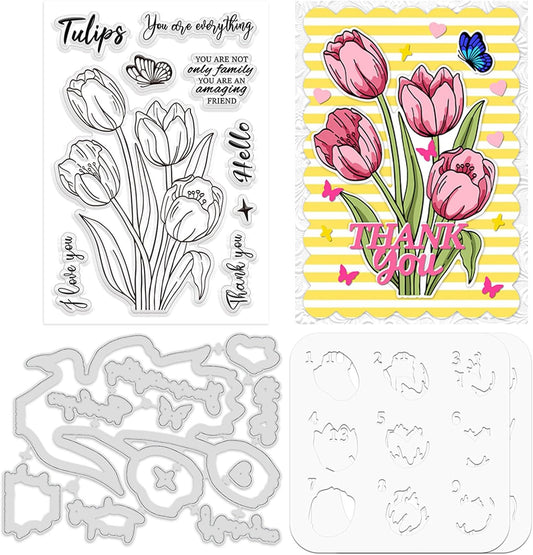 ORIGACH Tulip Layering Stencil Stamp and Die Set for Card Making, Flower Stencil Template Silicone Clear Stamps and Metal Die Sets for DIY Scrapbooking Photo Album Crafting