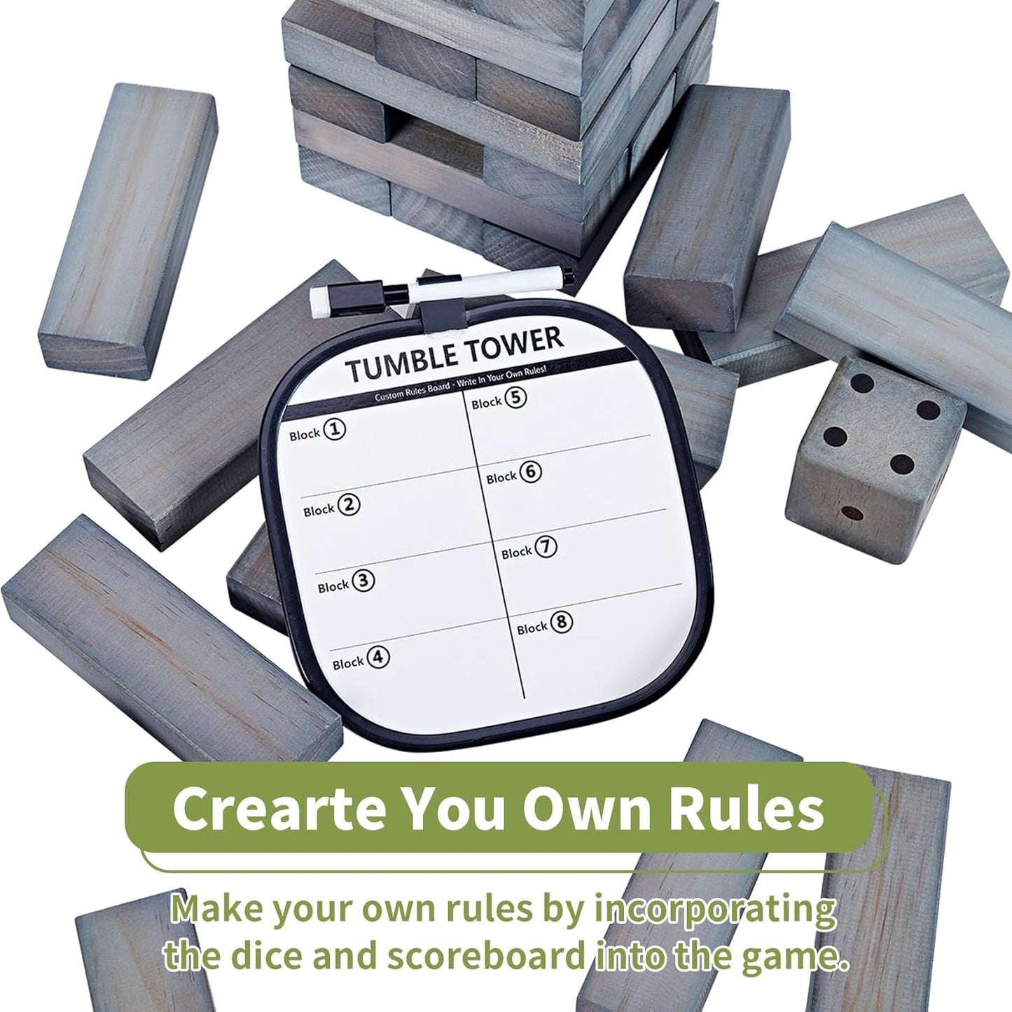 ApudArmis 54 PCS Tumble Timber Set Up to 3.2FT, Pine Wooden Tumble Tower Game with Dice and Scoreboard Set - Classic Block Stacking Board Game for Adults Teenagers (Gray)