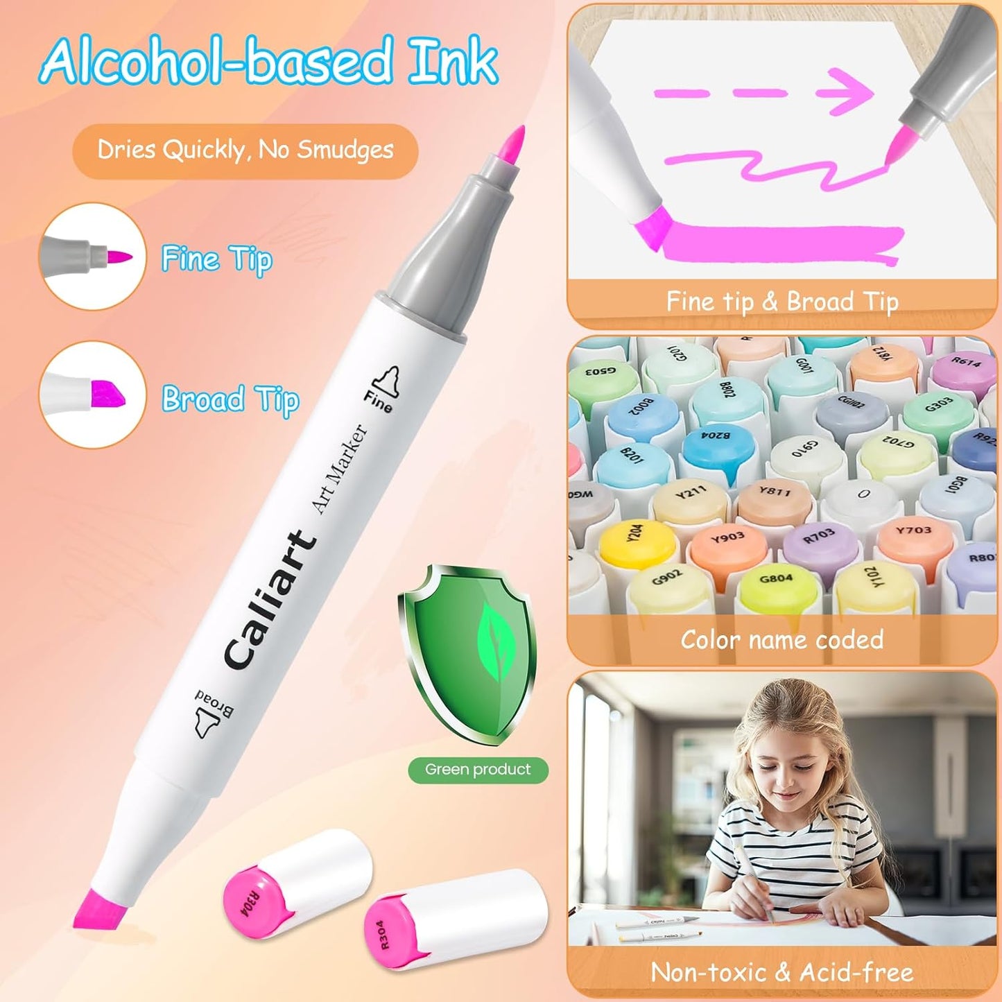 Caliart Pastel Markers, 61 Colors Dual Tip Art Markers Sketch Pens Permanent Alcohol Based, with Case for Adult Artist Halloween Drawing Sketching