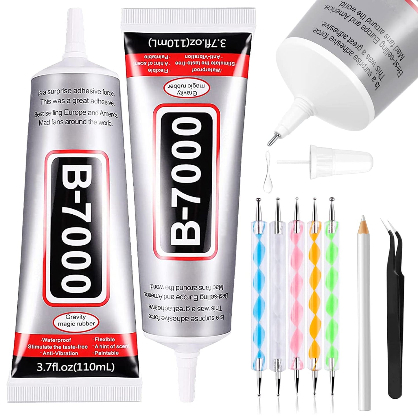 B7000 Adhesive Rhinestones Glue for Crafts, 2PCS 110ml / 3.7 fl oz with 5 Dotting Pen Tool, Wax Pencil and Tweezer, Jewelry Glue for DIY Craft, Makeup, Shoes, Jewelry Making, Nail Art