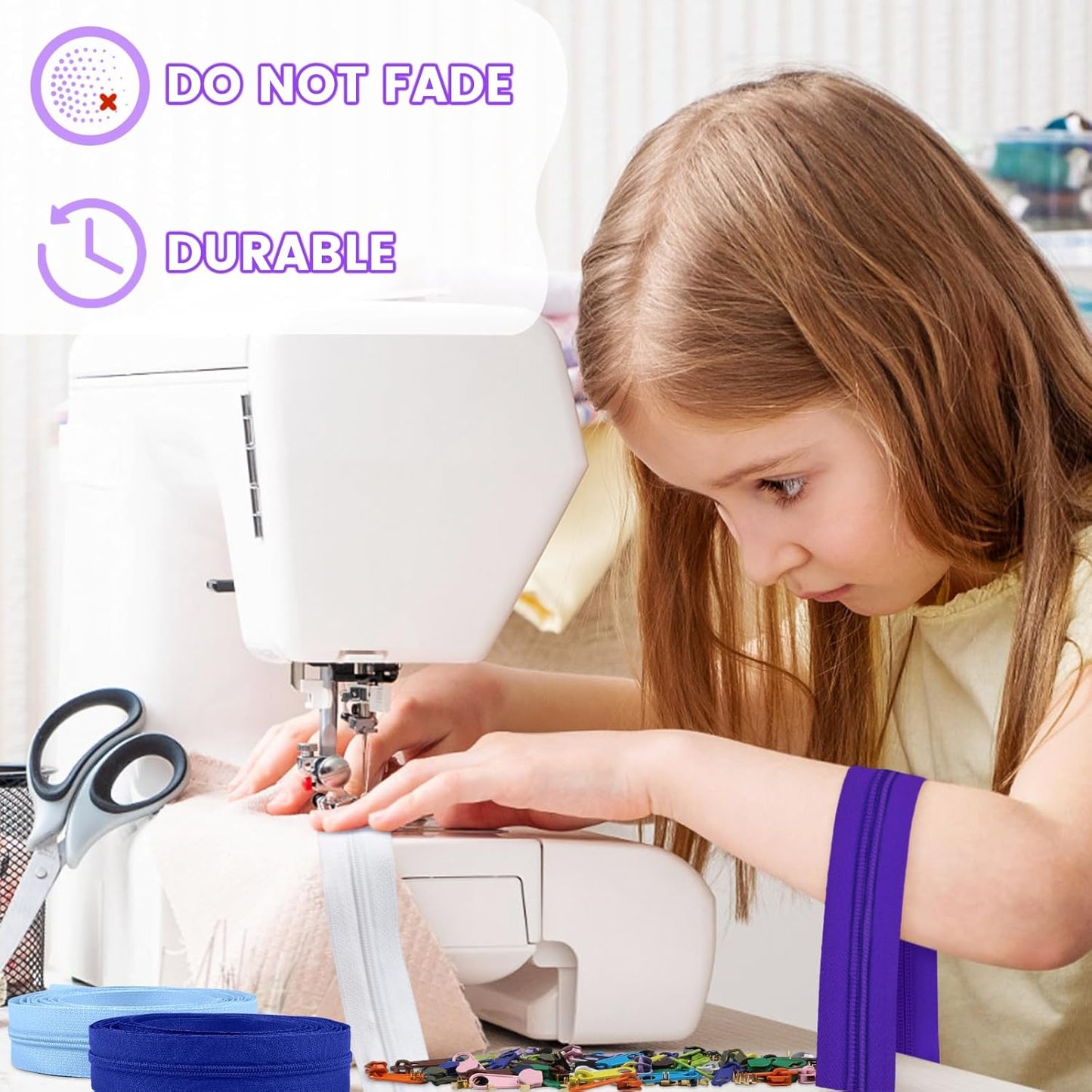 DOITEM 15.3 Yards/ 14 m 5 Pieces Assorted Colors #3 Nylon Coil Zippers, Sewing Zippers Endless Zips with 20 Pieces Zipper Sliders Zip Heads for DIY Sewing Tailor Craft Supplies (Purple Blue White)