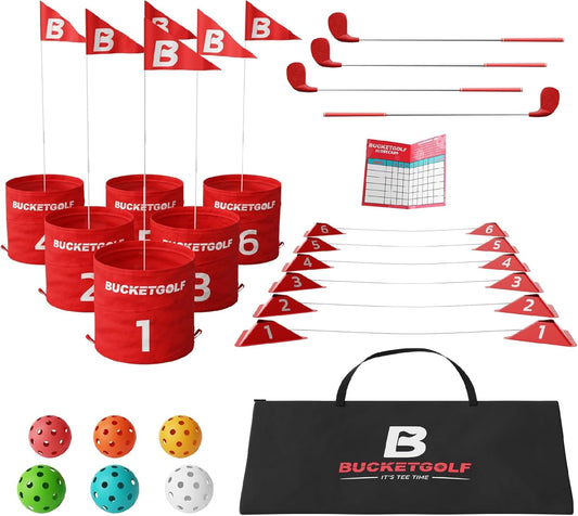 bucketgolf Game 6 Hole Bundle with Clubs - The Best Backyard Golf Game for All Ages and Levels Adults, Kids, Families, Schools, Yards, Parks, Beaches, Vacation. (4 Clubs (3 RH + 1 LH))