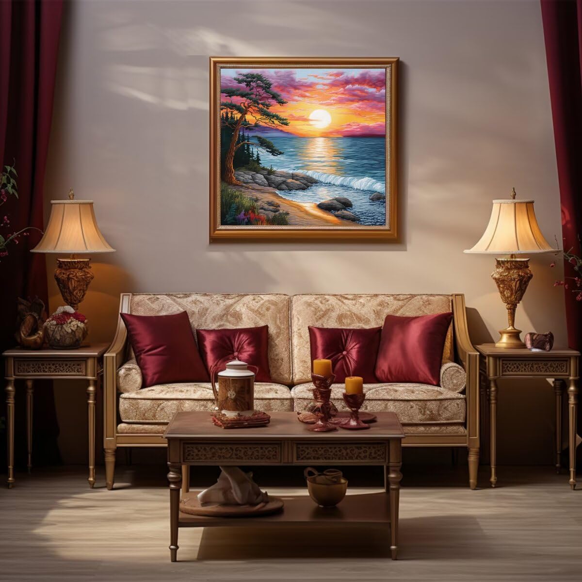 51buyoutgo 11CT Stamped Cross Stitch Kits for Adults - 16x16 in Beginner Embroidery Kit with Easy Funny Washable Seaside Landscape Pattern, Pre Printed Fabric for DIY Home Decor, Gifts, Stress Relief