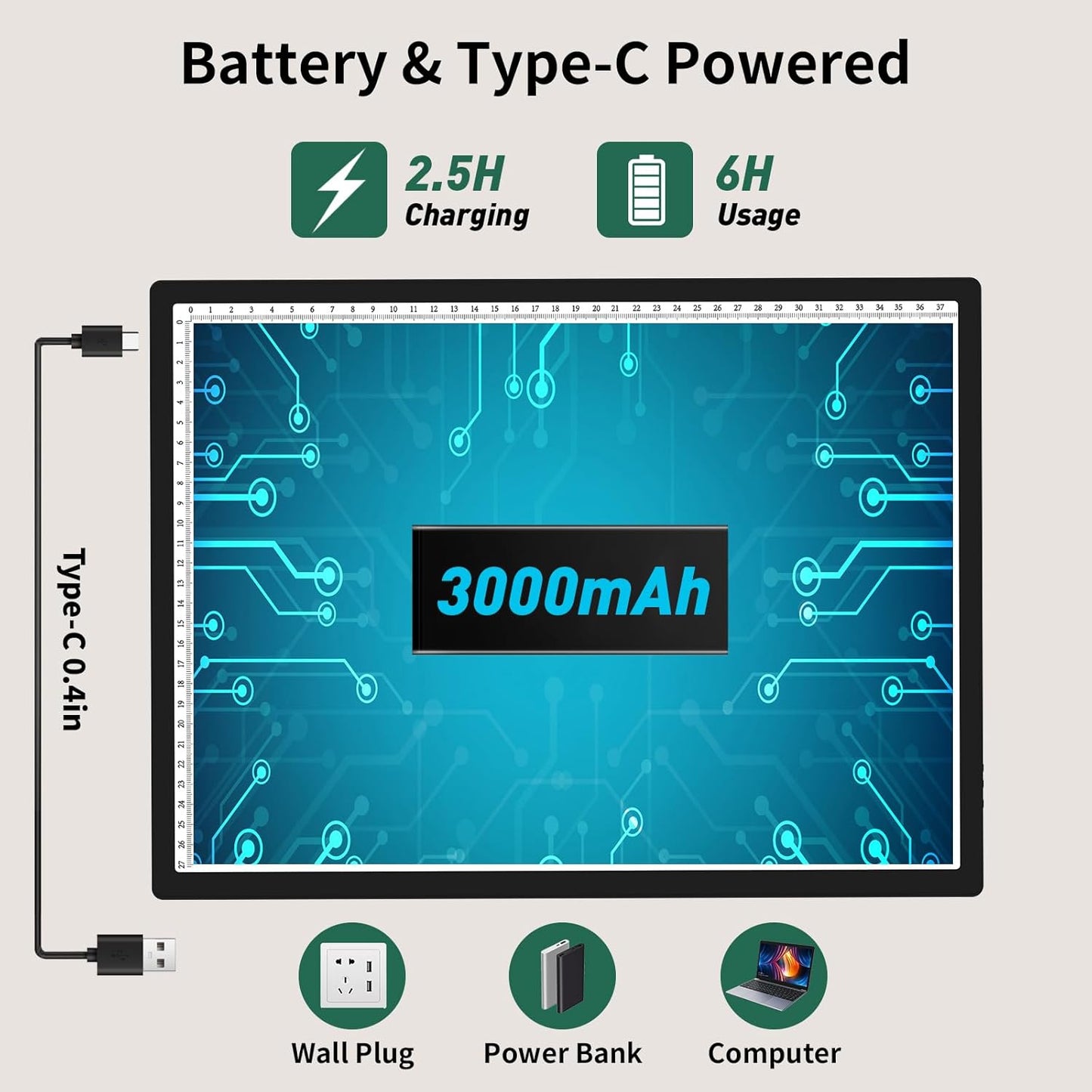 HIUKCOLED A3 Built-in Tilt Stand Light Tracing Box, 6-level＆Stepless Dimmable Adjustable Brightness Light Pad with 3 Colors,Battery Powered LED Light Board for Drawing,Diamond Painting,Sketching,X-Ray