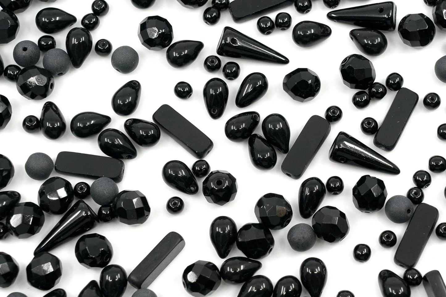2.1oz (60g) of Glass Bead Mix with Drops, Table-Cut and fire Polish Czech Beads, Glossy & Matte Black