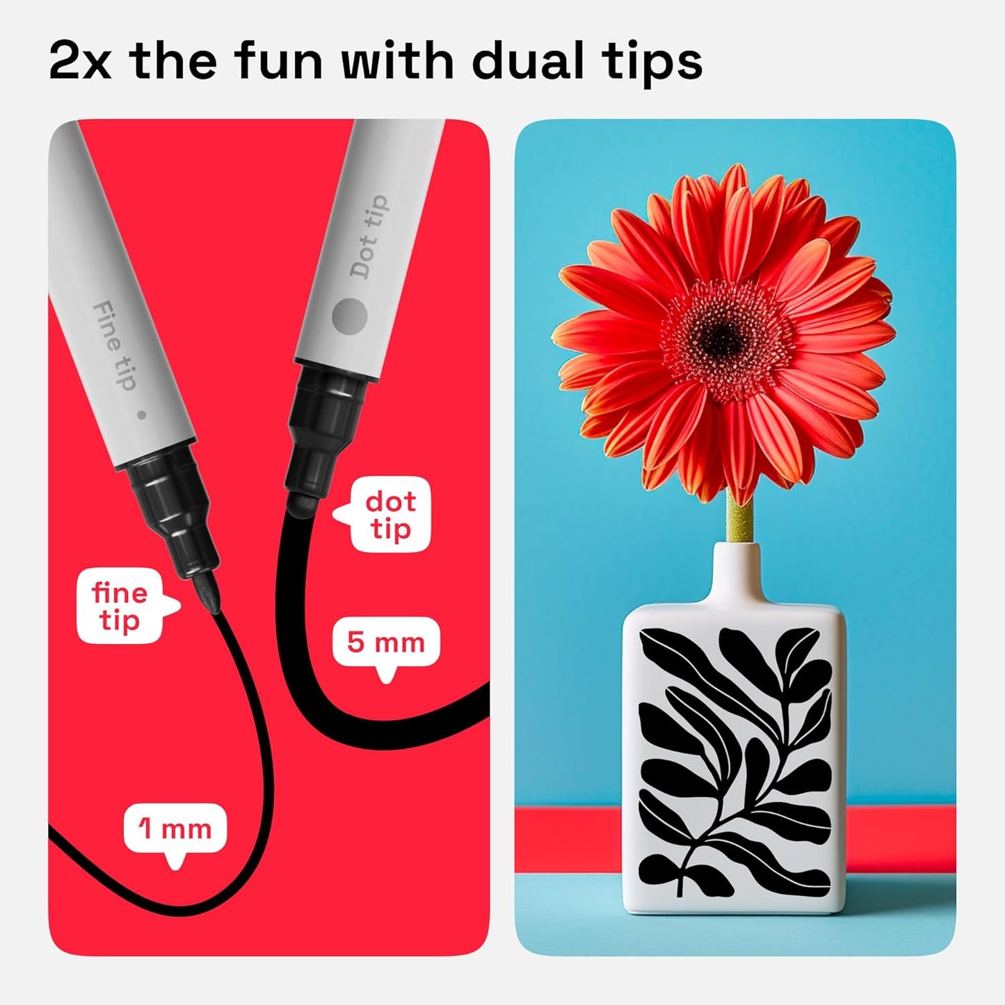 ARTISTRO 2 Black&White Dual-Tip Acrylic Paint Pens - Multisurface Markers for Glass, Rock, Fabric, Wood, Plastic & More - 5mm Dot + 1mm Fine Tips