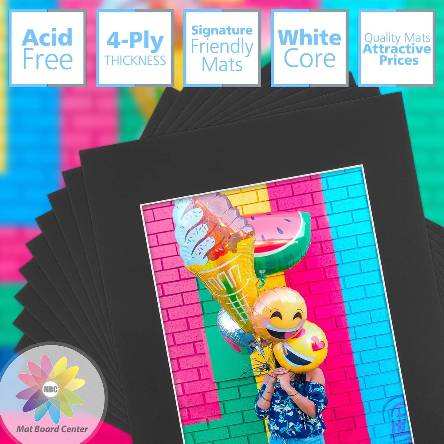 Mat Board Center, Pack of 10, 11x14 for 8x10 Black Color Mats - Bevel Cut, Acid Free, 4-ply Thickness, White Core - for Pictures, Photos, Framing