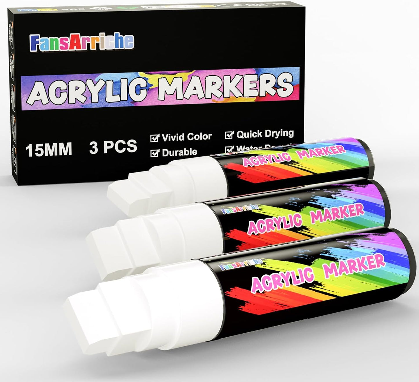 FansArriche Acrylic Paint Markers, 15mm Jumbo Felt Tip, 3 White Waterproof and Permanent Paint Pens for Tagging, Signs, Calligraphy, and Outdoor Paintings