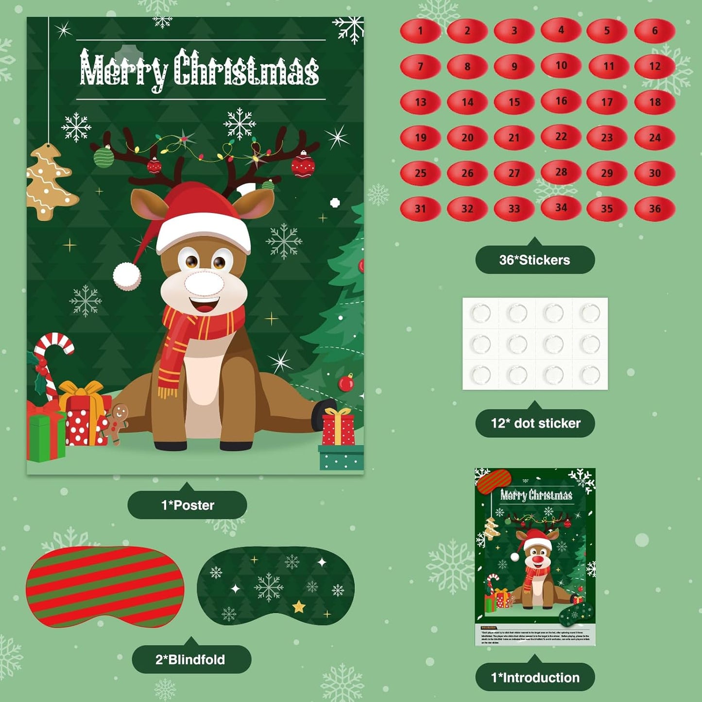 ASTARON Christmas Party Games for Kids, Pin The Hat on Reindeer with 36 Stickers 2 Blindfolds Christmas Holiday Party Decorations School Classroom Activities