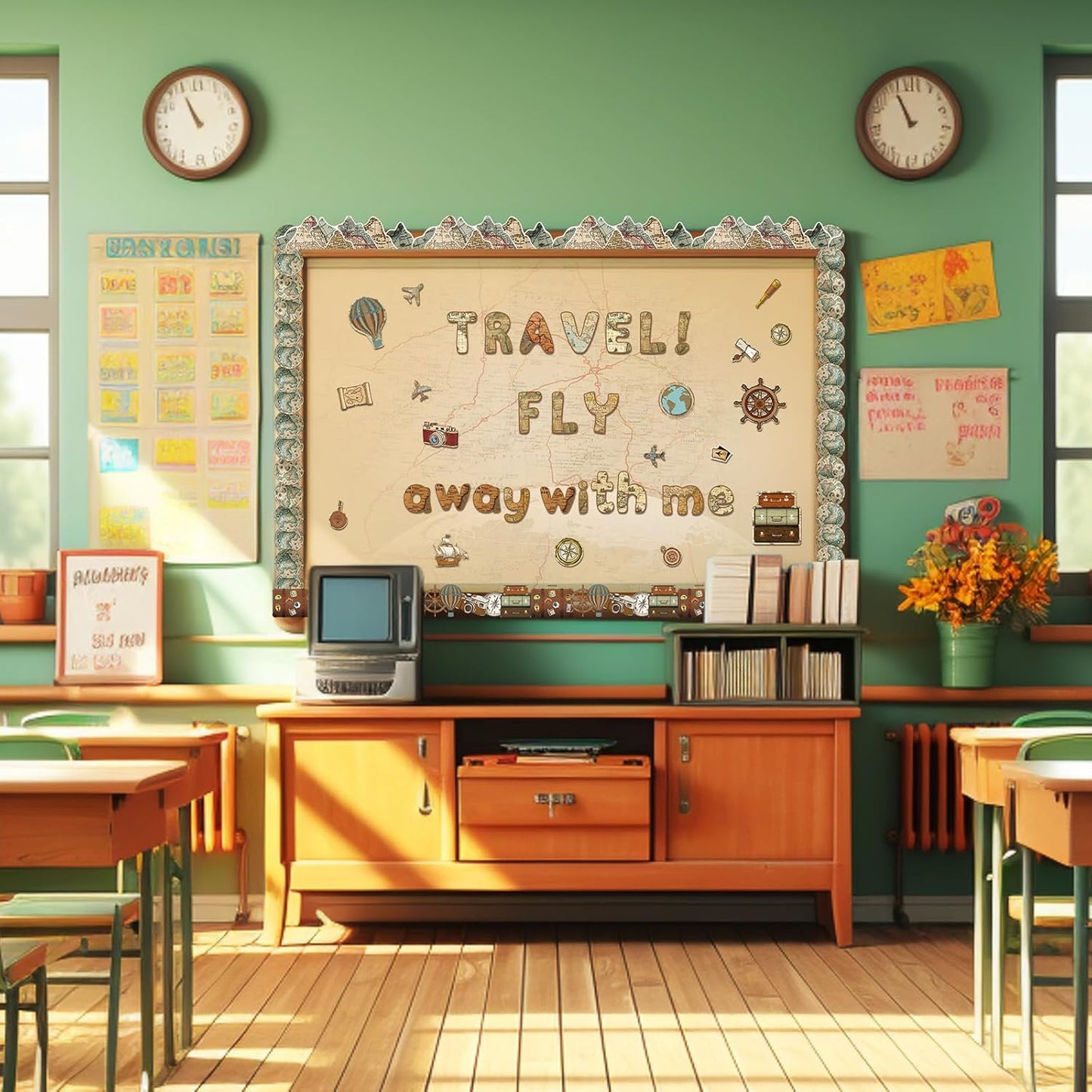 221 Pcs Bulletin Board Letters Round Alphabet Number Punctuation Symbol Combo Letter Cutouts Classroom Decoration for School Classroom Chalkboard Poster Board(World Map Round)