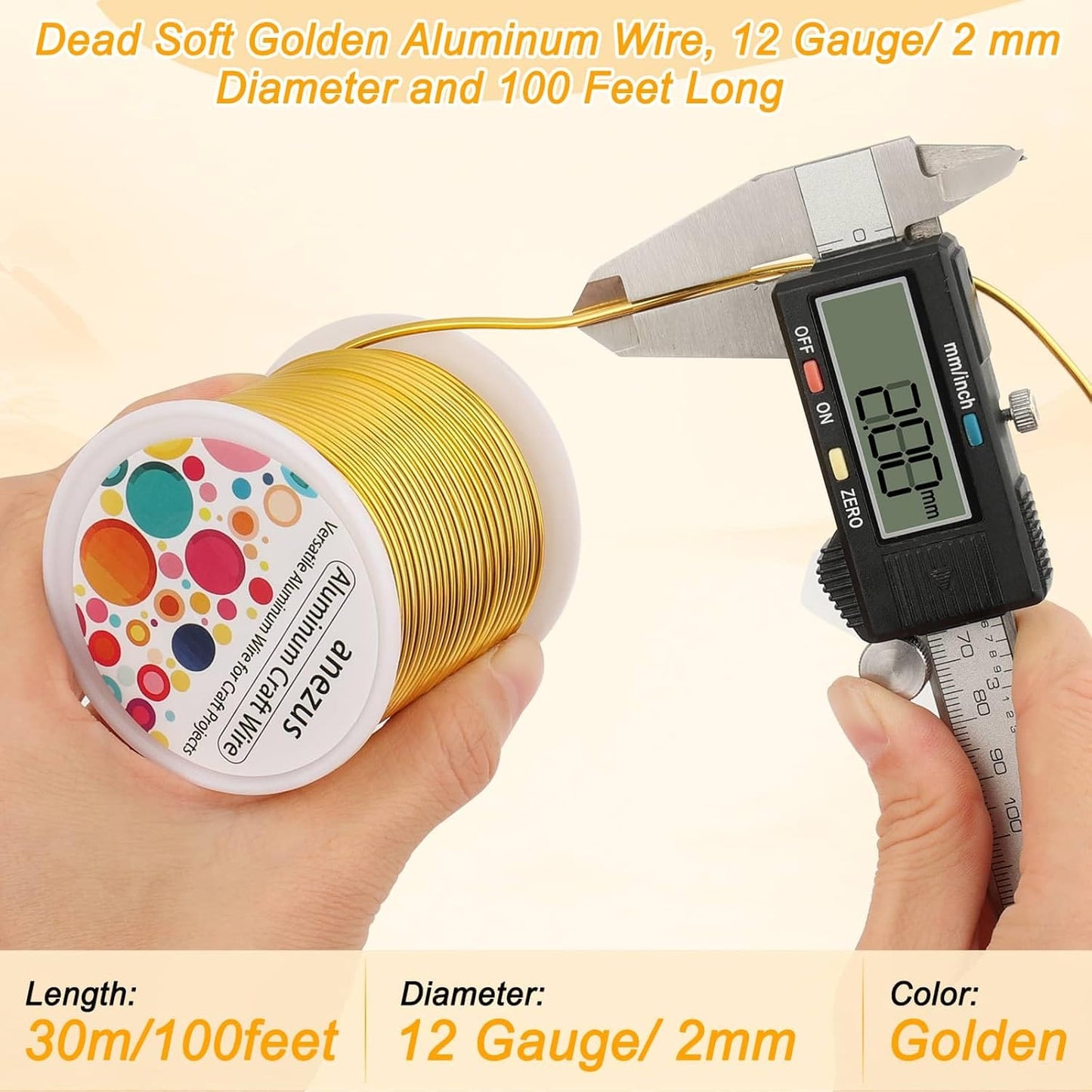 Anezus 12 Gauge Craft Wire Bendable - 2mm Metal Armature Sculpting Wire for Crafting, Wreath Making, Jewelry Making, Beading, Floral (Golden, 100 Feet)