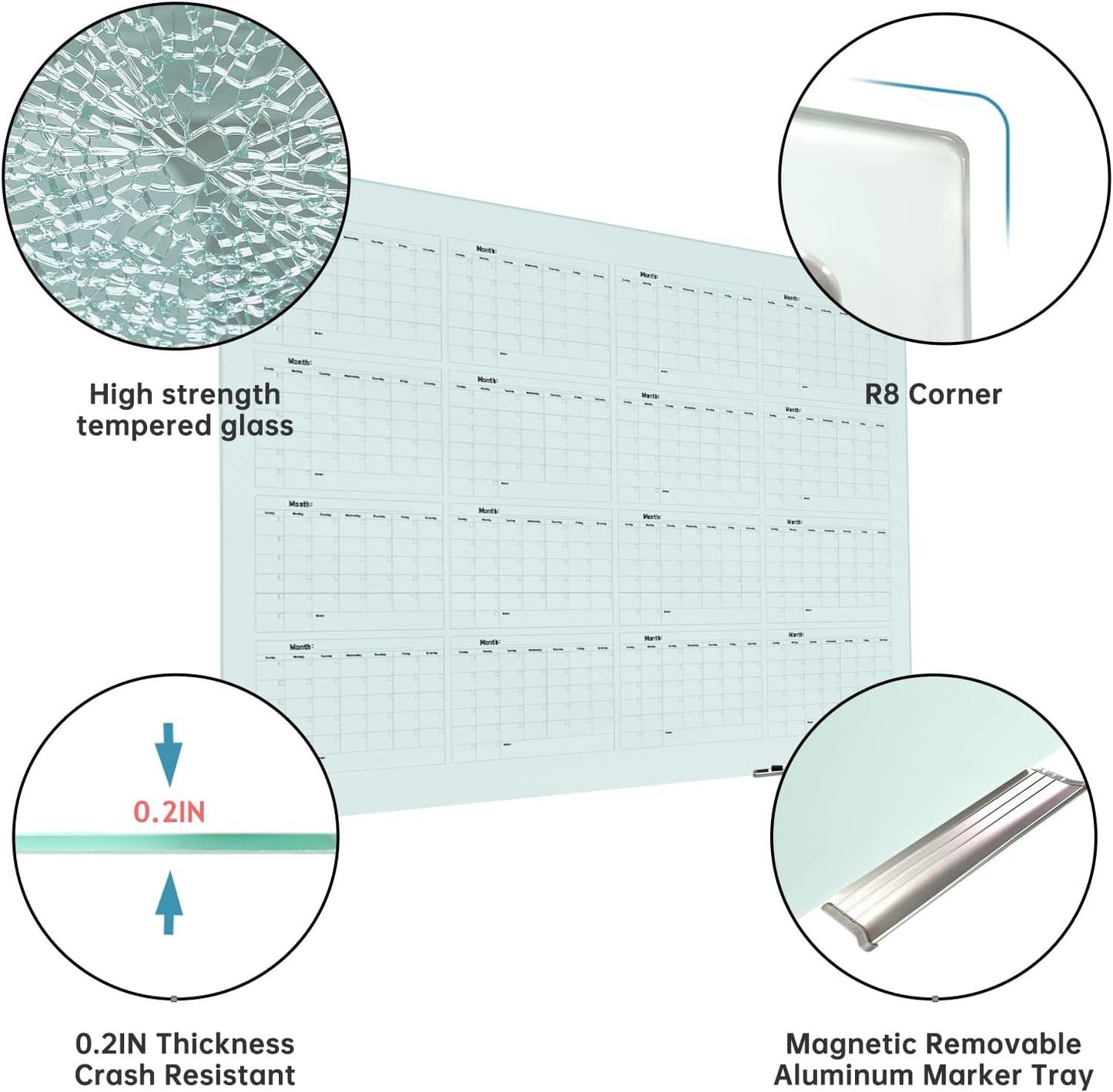 Magnetic Glass Yearly Calendar Whiteboard - Glass Dry Erase Board 48"x36" Large Frameless Glass Board for Walls Office School and Home