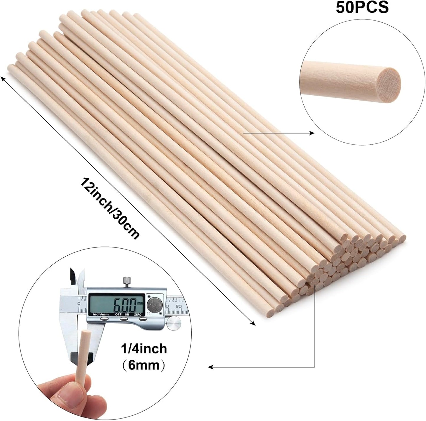 Wood Dowels Wooden Dowel Rods 1/4 x 12, 50 PCS Wooden Sticks for Crafts, Macrame Dowels, Unfinished Small Wood Sticks for Crafting, Lollipops and Tiered Cake, Photo Booth Props, Wedding Ribbon Wands