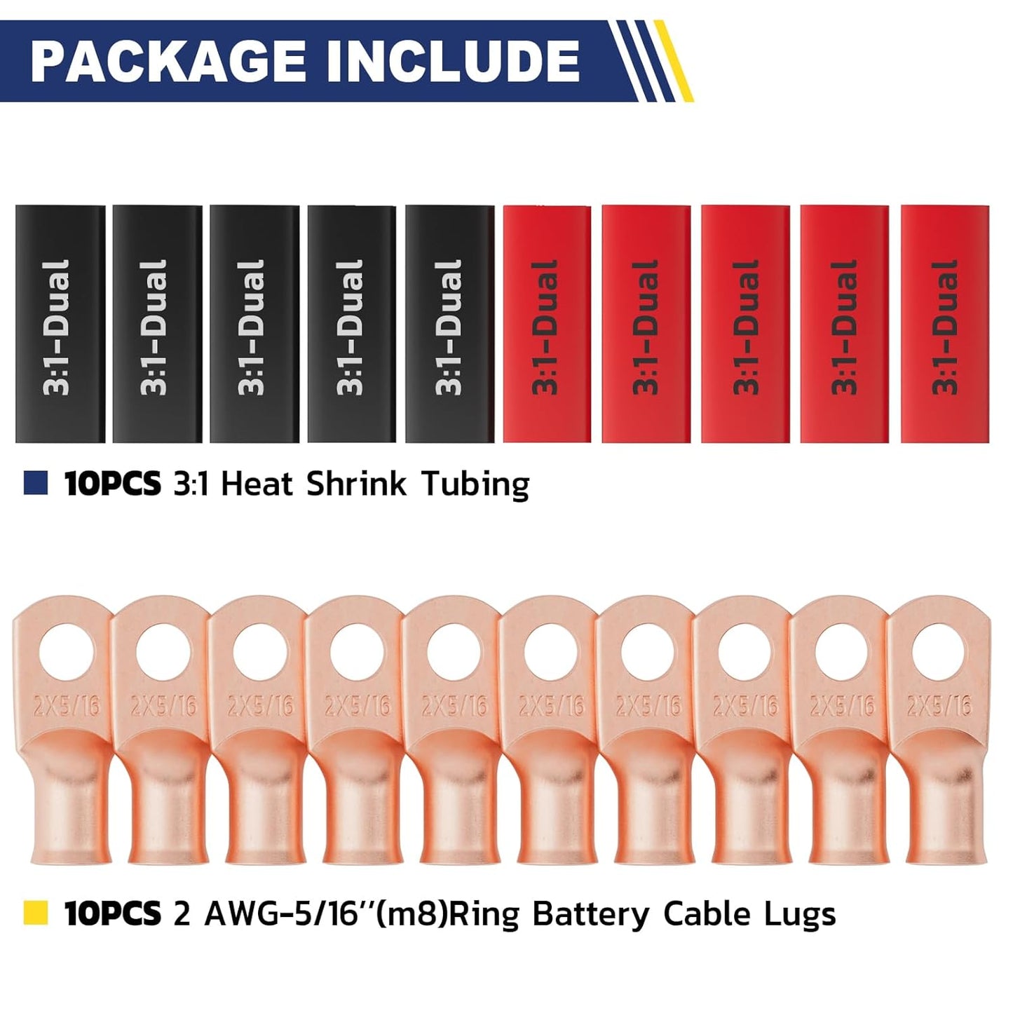 haisstronica 10pcs 2 AWG - 5/16" (M8) Battery Cable Lugs, Heavy Duty Copper Wire Lugs with 10pcs 3:1 Adhesive Heat Shrink Tubing, 2 Gauge Wire Connectors Battery Terminal Connector, Battery Cable Ends