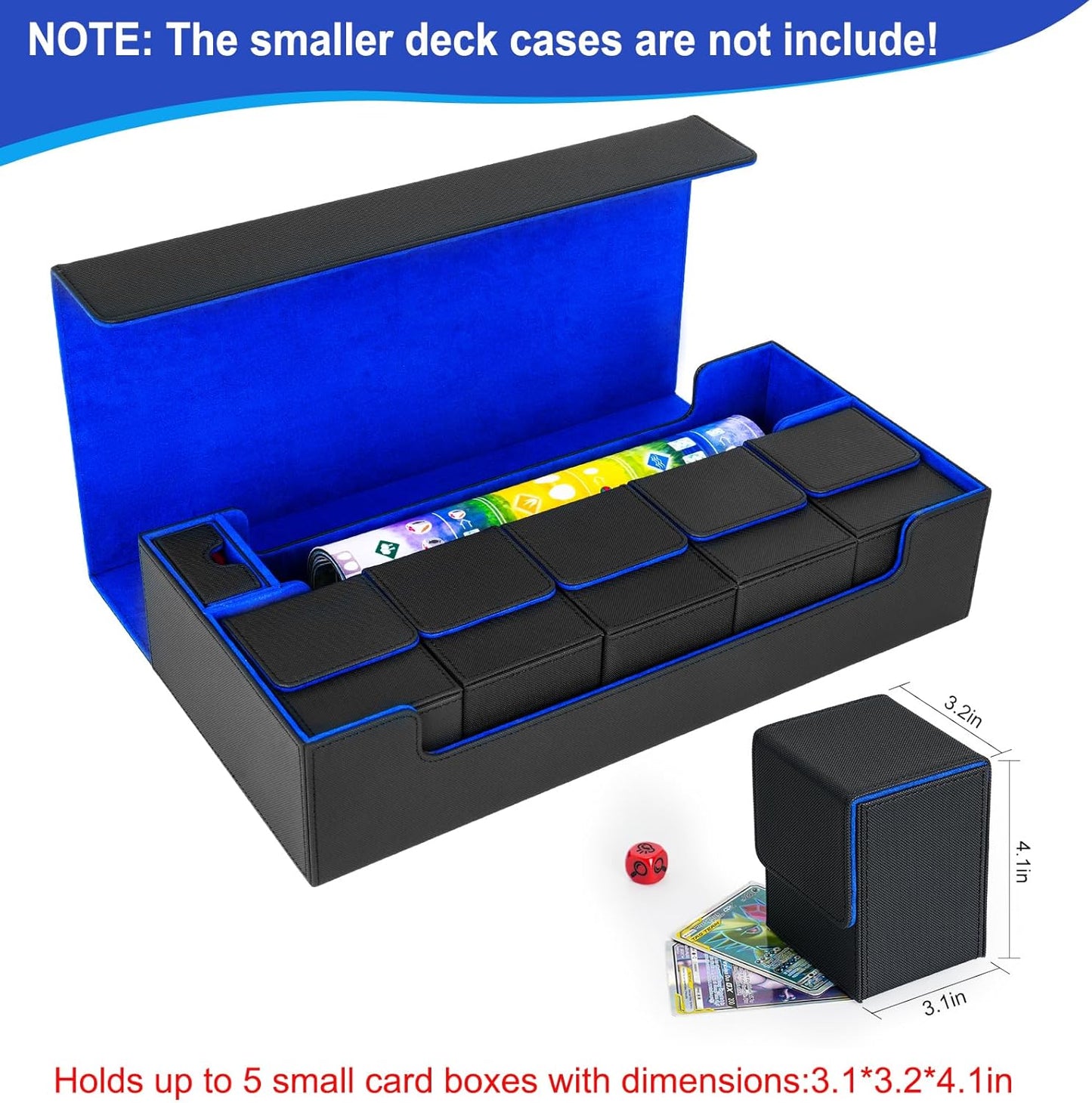Card Deck Box,X-Large Premium Trading Card Storage Case with Mat and Dice Compartment,Magnetic Game Deck Display Case Compatible with MTG/TCG/Yugioh/Magic/Commander(Black＆Blue)
