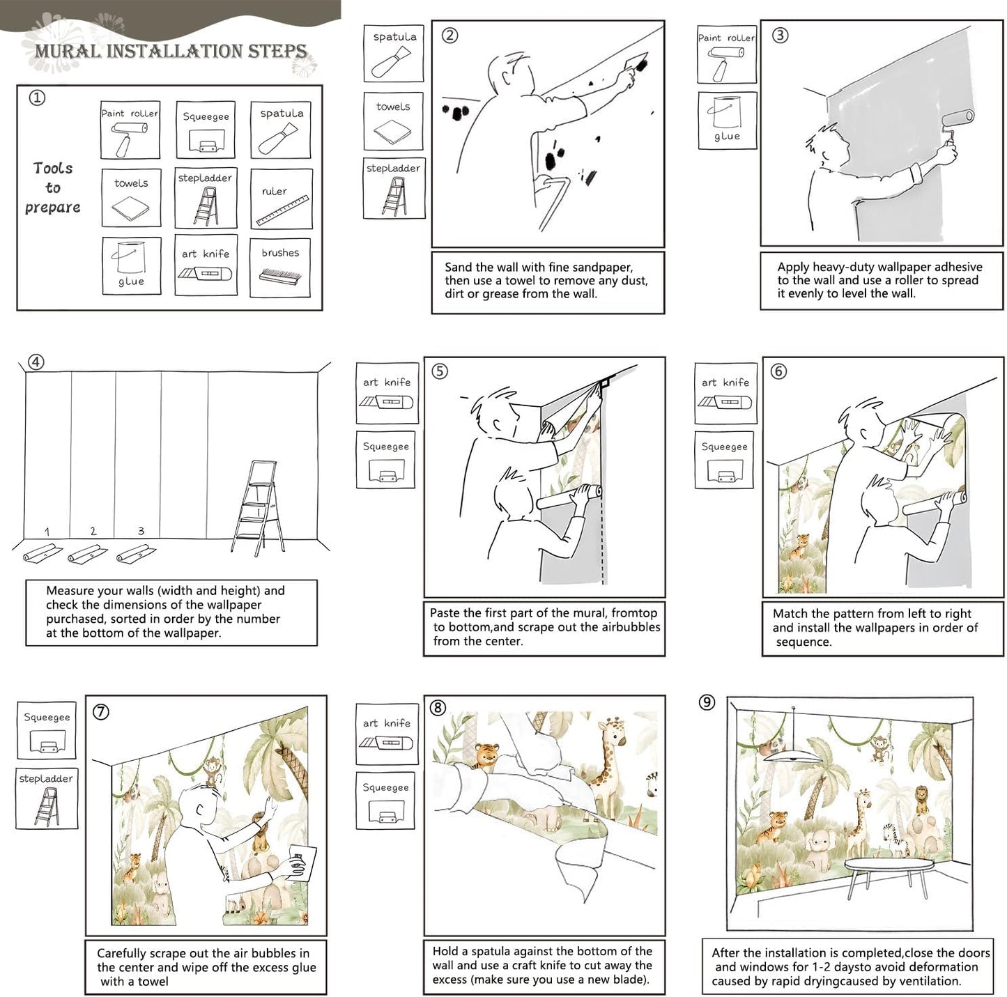 AFZEVEB-Safari Wallpaper Watercolor Animal Nursery Wall murals for Kids Room 159"x107"(Not Peel and Stick)