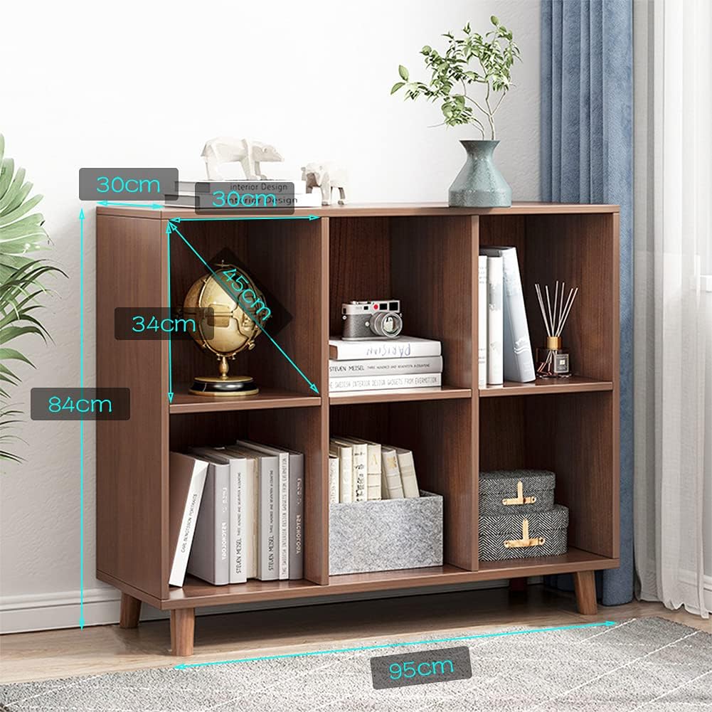 IOTXY Freestanding Open Cubes Bookcase - 2-Tier Floor Standing Wooden Storage Display Cabinet Organizer with Legs for Home Office, 6-Cubes Open Shelf Low Short Bookshelf, Walnut