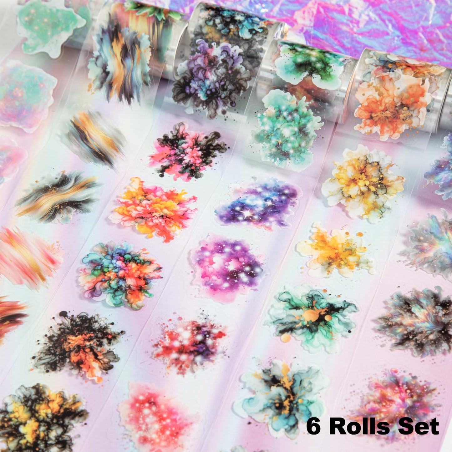 6Pcs Pre-Cut Colorful Galaxy PET Tapes, Watercolor Tapes for Journaling, Scrapbook Supplies, and Junk Journal Ephemera, with Decorative Clip