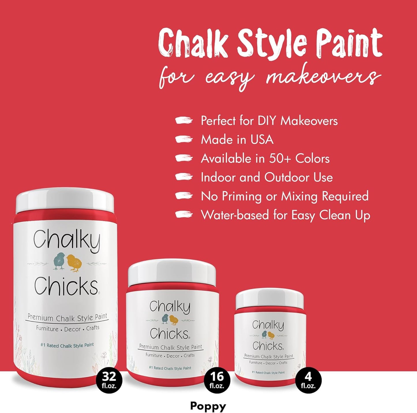 Chalky Chicks All-in-One Chalk Paint for Furniture or Cabinet - 16 Fl Oz - Matte Finish Poppy (Deep Red-Pink) for Metal, Wood Furniture Paint - No Sanding All-in-One for Home Decor & Crafts, USA Made