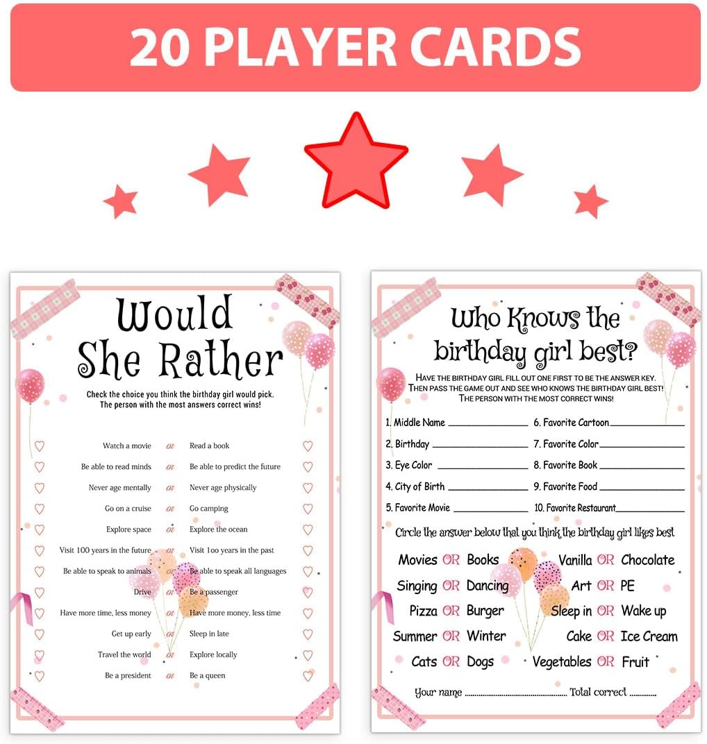 ALodr 20 Pcs Who Knows the Birthday Girl Best, Would She Rather Games for Girl Birthday Party, Funny Birthday Party Games, Double Sided, 5x7 Inches