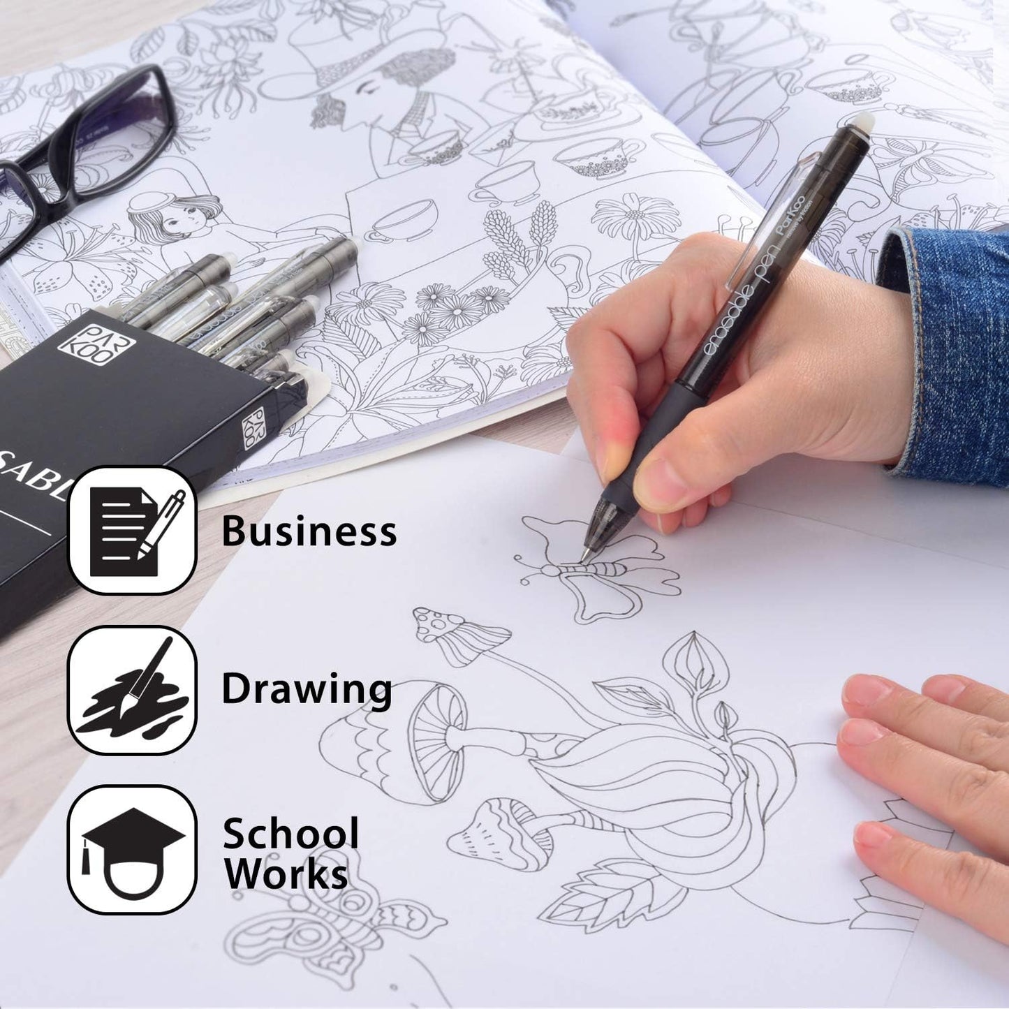 ParKoo Retractable Erasable Gel Pens Clicker, Fine Point, Make Mistake Disappear, Black Ink for Note Taking and Crossword Puzzles, 6-Pack