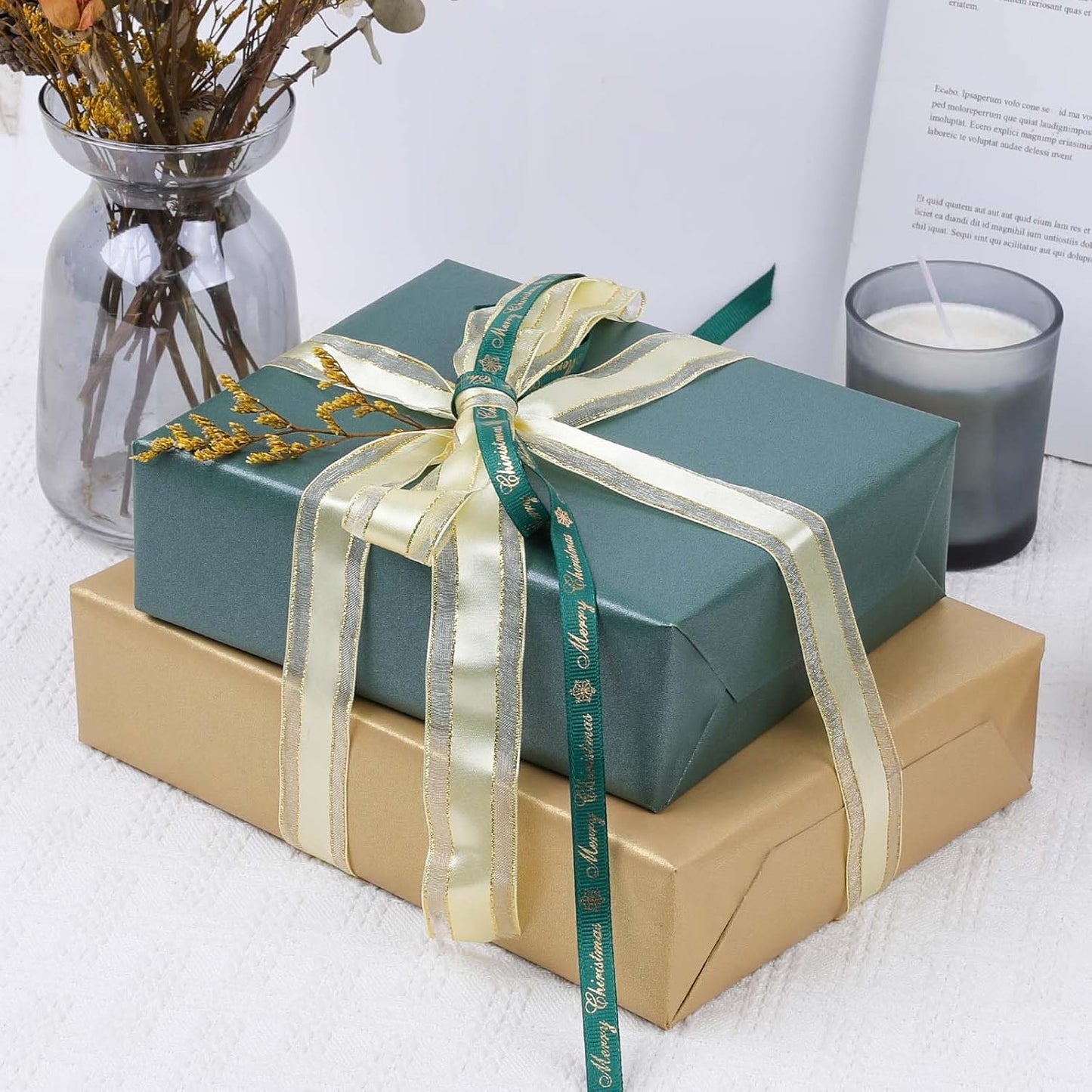 NESCCI Dark Green & Gold Matte Wrapping Paper,Double Sided Solid Color Pearly-Lustre Paper,Gift Wrapping Paper,Perfect for Wedding,Valentine's Day,Birthday,Christmas,Baby Shower(17 Inches X 32.8 Feet)