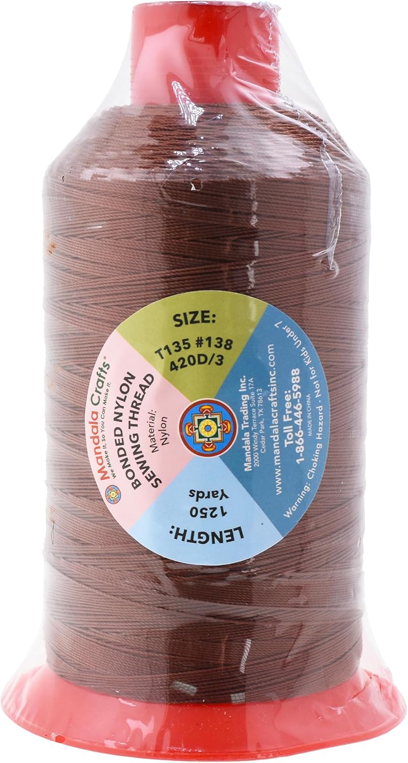 Mandala Crafts Tex 135 Bonded Nylon Thread for Sewing - 1250 YDs T135 Heavy Duty Brown Nylon Thread Upholstery Thread for Leather Jeans Weaving, T135 #138 420D/3