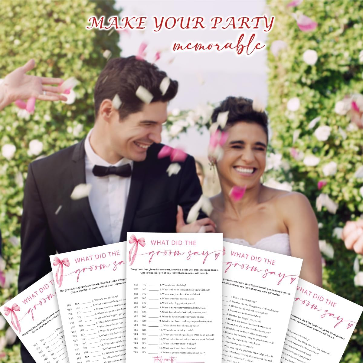 Wedding Shower Games Cards, What Did The Groom Say, Bridal Shower Games 25 Guests, Engagement Party Wedding Games for Guests, Pink Ribbon Bow Wedding Party Supplies - E12