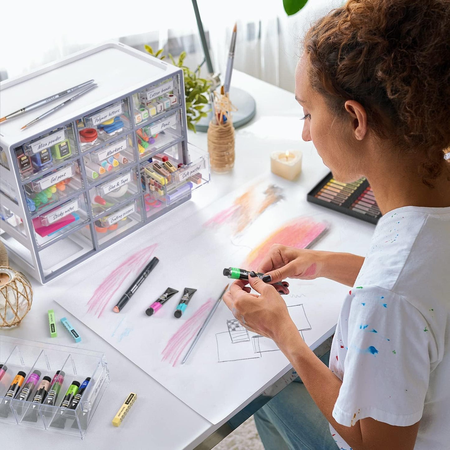 Arteza 12 Drawer Organizer and Storage Cabinet – Clear Plastic, Stackable Drawers for Makeup, Crafts, Sewing, Office Supplies, Small Parts & Tools