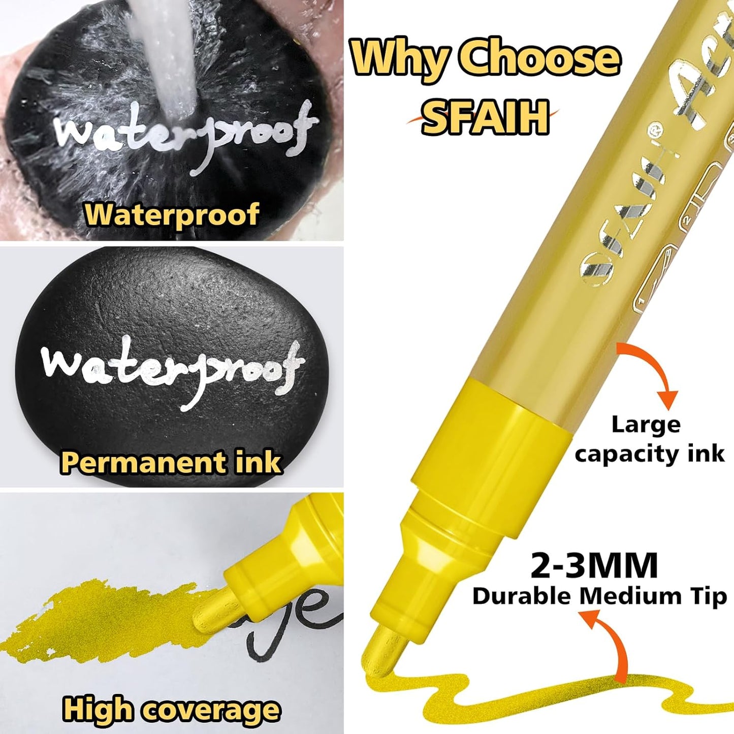 SFAIH Paint Markers Pens - 4 Colors 8 Pack Ultra-High Coverage Acrylic Paint Pens for Rock, Paper, Wood, Fabric, Glass, Metal, Ceramic, Painting, DIY Art Projects, Crafts, Large Capacity Permanent Ink