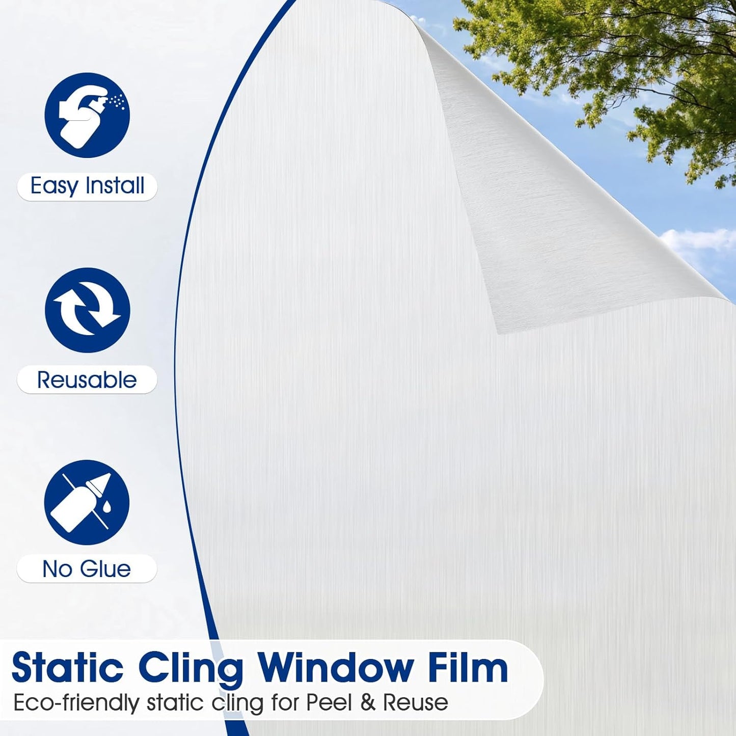 Privacy Window Film Static Cling, Frosted Glass Decorative Window Film with 96% UV Blocking, Non-Adhesive Removable Window Cling for Home Office Bathroom, 17.5 x 78.7 Inches, White