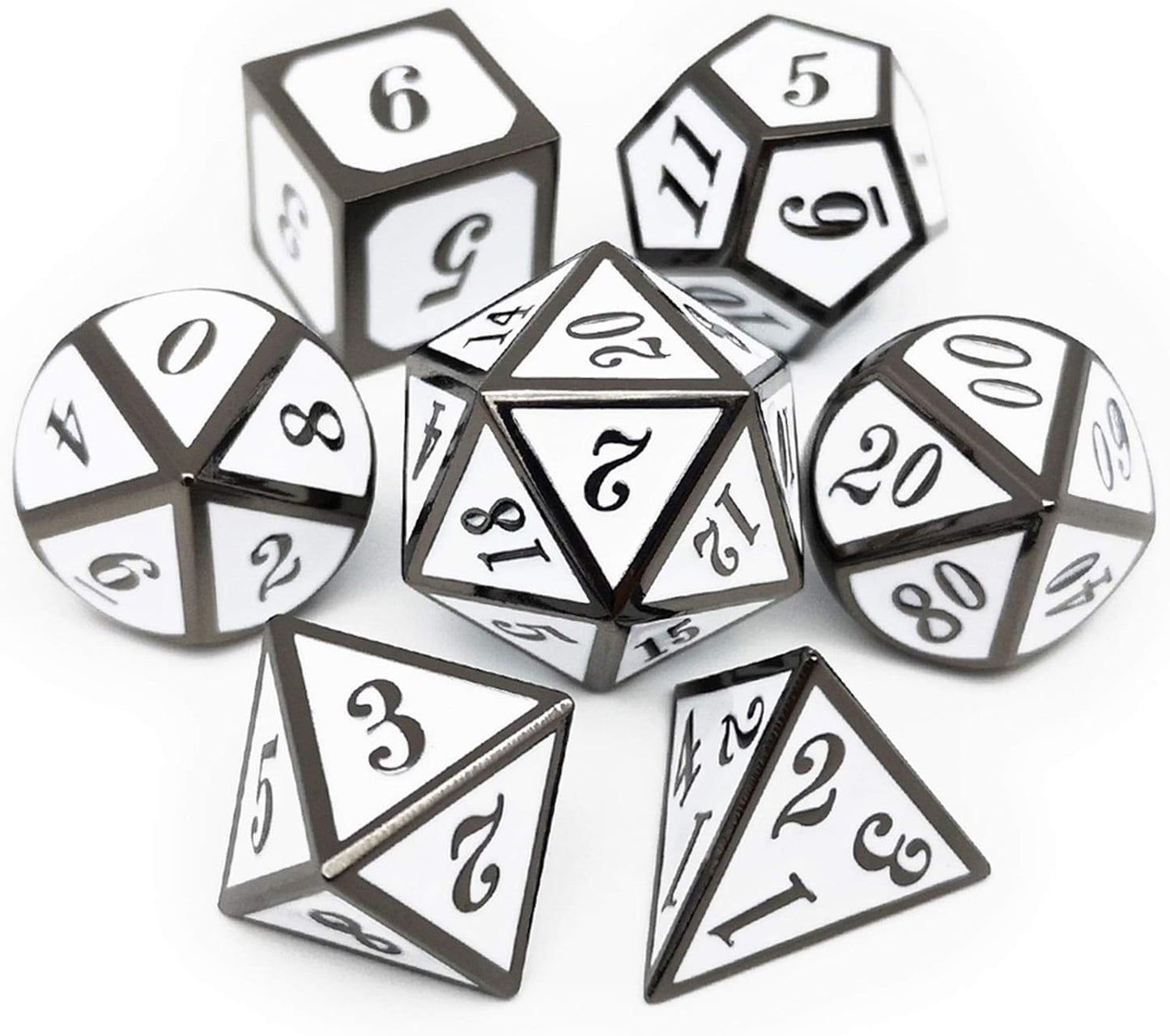 Haxtec 7 Die DND Metal Dice Set D&D 7PCS DND Dice of D20 D12 D10 D8 D6 D4 Compatible with Dungeons and Dragons RPG Games-Glossy Enamel Dice (Black White)