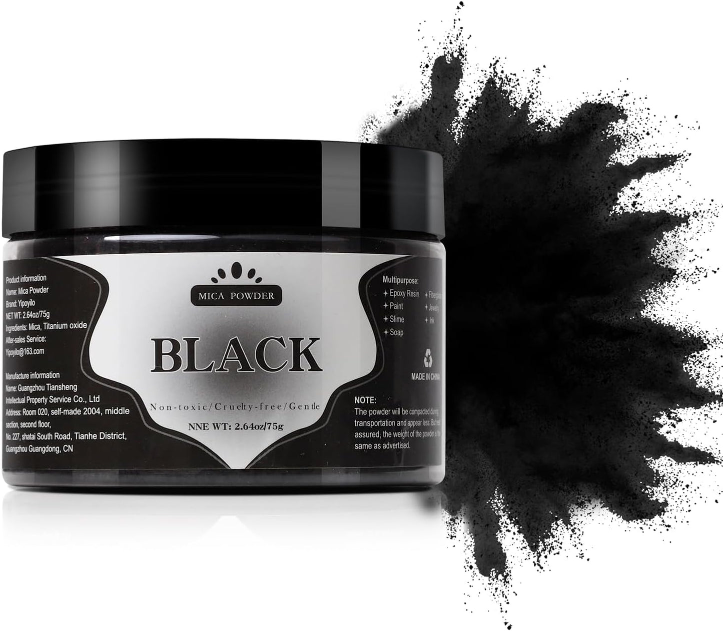 Mica Powder - 75g Mica Powder for Epoxy Resin - Metallic Color Pigment for Resin, Soap, Bath Bombs, Eye Shadow, Nails, DIY Crafting Projects etc. (Black)