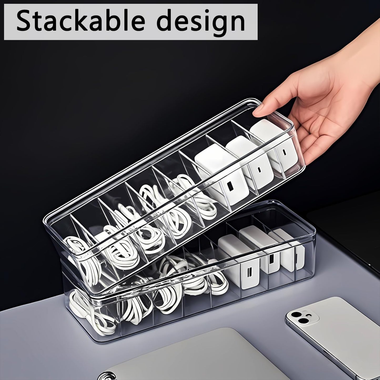DUOFIRE 2 Pcs Cord Organizer with 16 Cable Ties, Clear Acrylic Cable Organizer Charger Organizer Electronics Organizer with Lid for Home Office Desk Organizers and Accessories