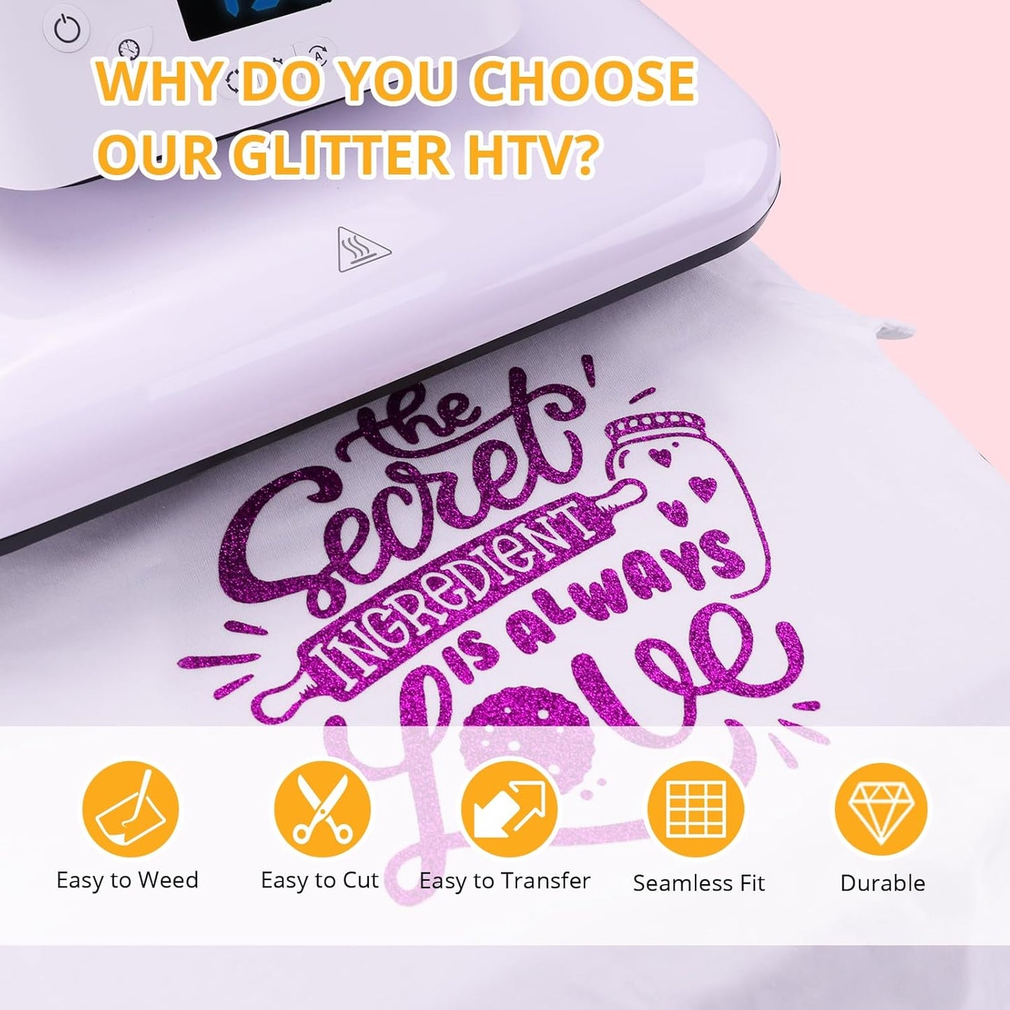 HTVRONT Purple Glitter Heat Transfer Vinyl - 10" x 5FT Glitter HTV Vinyl for T-Shirts, Iron on Vinyl for All Cutter Machines, SG-HTV-0466-E