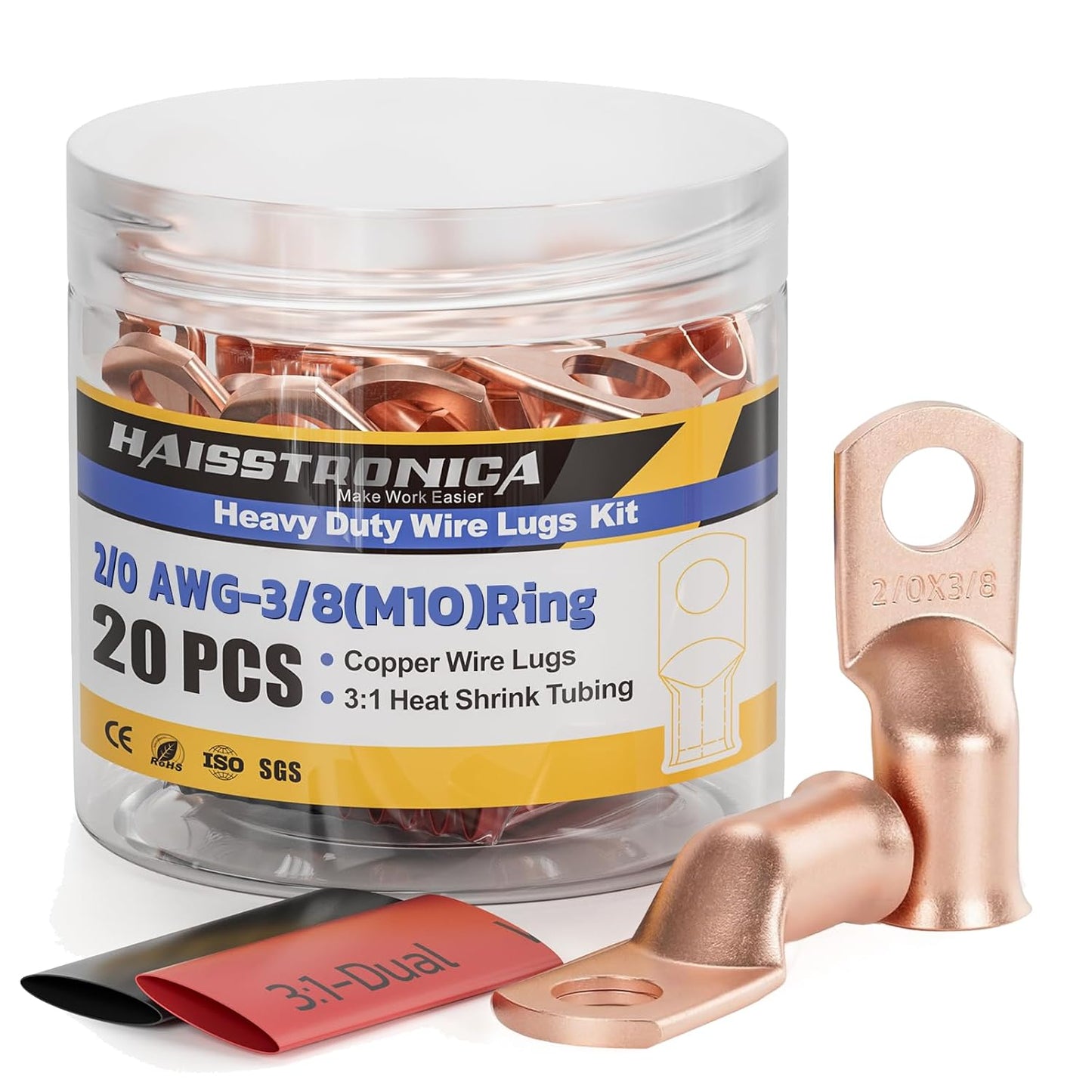 haisstronica 10pcs 2/0 AWG - 3/8"(M10) Battery Cable Lugs, Heavy Duty Copper Wire Lugs with 10pcs 3:1 Adhesive Heat Shrink Tubing, 00 Gauge Copper Lugs, Battery Terminal Connector, Battery Cable Ends