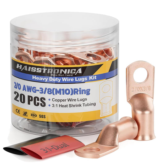haisstronica 10pcs 2/0 AWG - 3/8"(M10) Battery Cable Lugs, Heavy Duty Copper Wire Lugs with 10pcs 3:1 Adhesive Heat Shrink Tubing, 00 Gauge Copper Lugs, Battery Terminal Connector, Battery Cable Ends