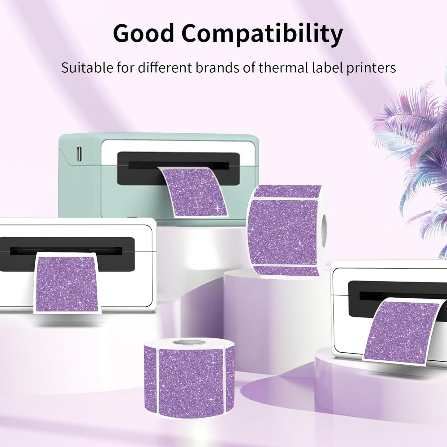 Square Thermal Labels Stickers 2" x 2", Holographic Purple Thermal Stickers Labels, Glitter Self-Adhesive Direct Thermal Label for Small Business- Perforation Line Design