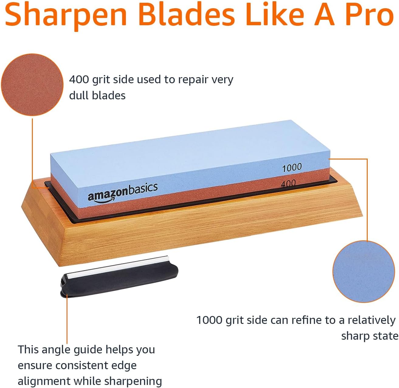 Amazon Basics Whetstone Knife Sharpening Wet Stone Dual Sided 400/1000 Grit with Non-Slip 1 Pc, Bamboo Base, Black & Grey