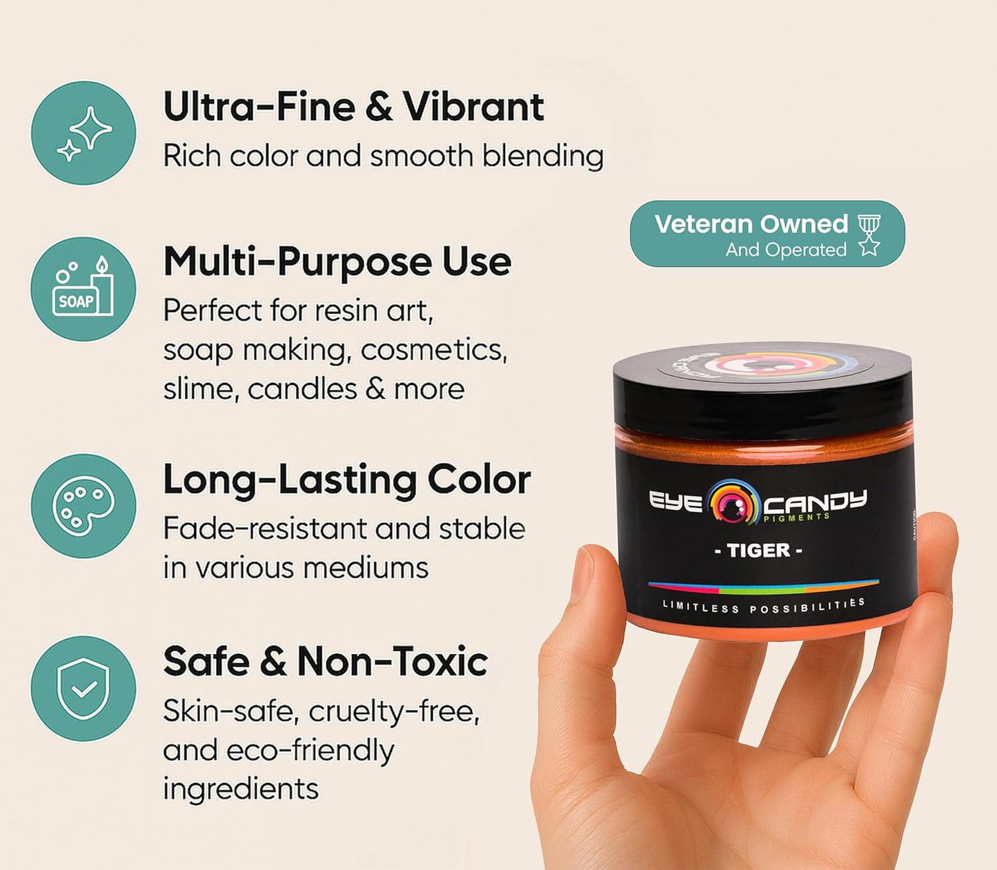 Eye Candy Pigments Premium Orange Mica Powder - Tiger (50gr) - for Epoxy, Resin, Soap, Paint, Woodworking, Acrylic Pouring, Bath Bombs, Fishing Lures - DIY Arts and Crafts Additive