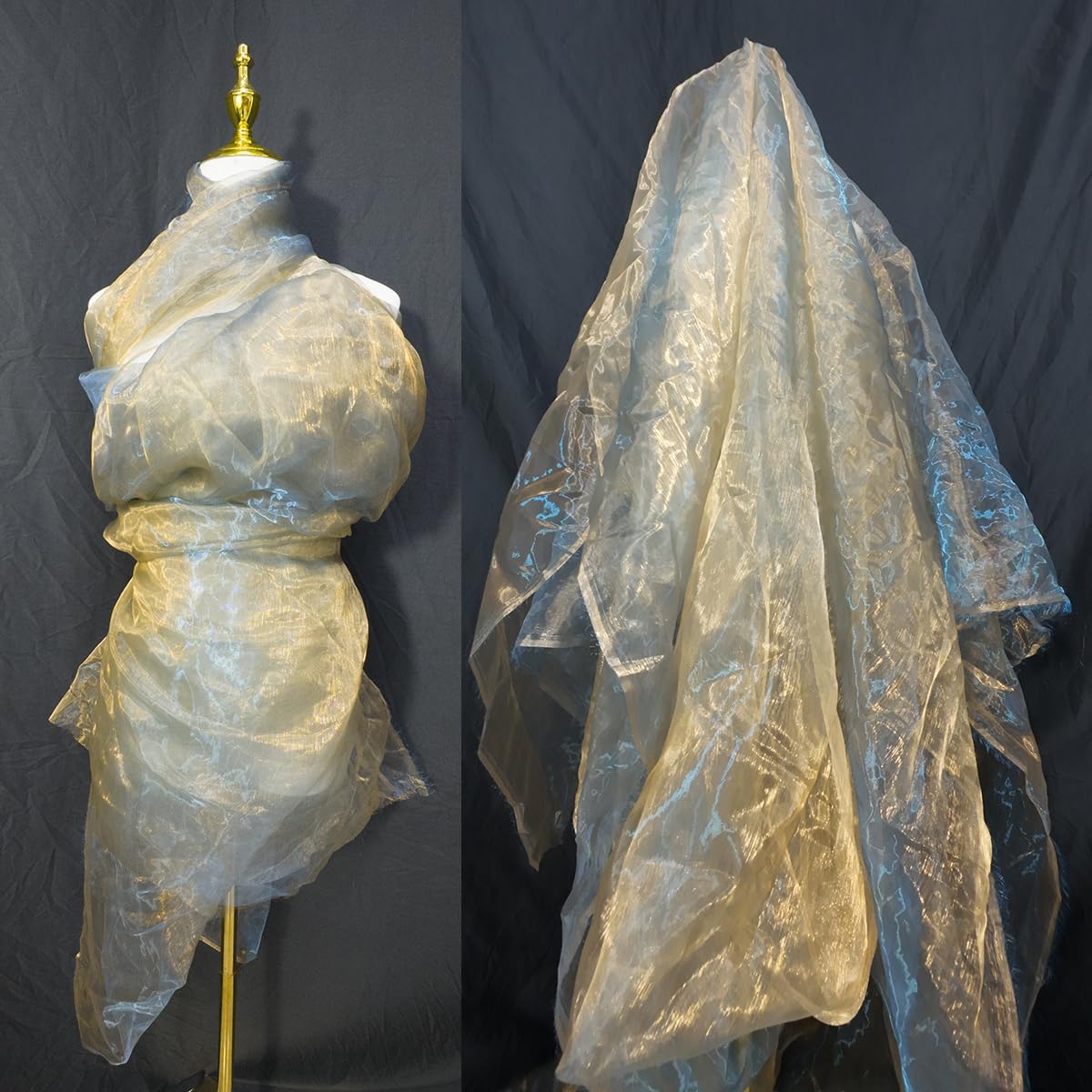 Two-Tone Iridescent Holographic Organza Fabric - 5.5 Yards by The Yard | Lightweight Sheer Tulle | for Wedding Dresses, Party Decor, DIY Crafts, Shiny Backdrops(Orange-Gold & Blue Sheen)