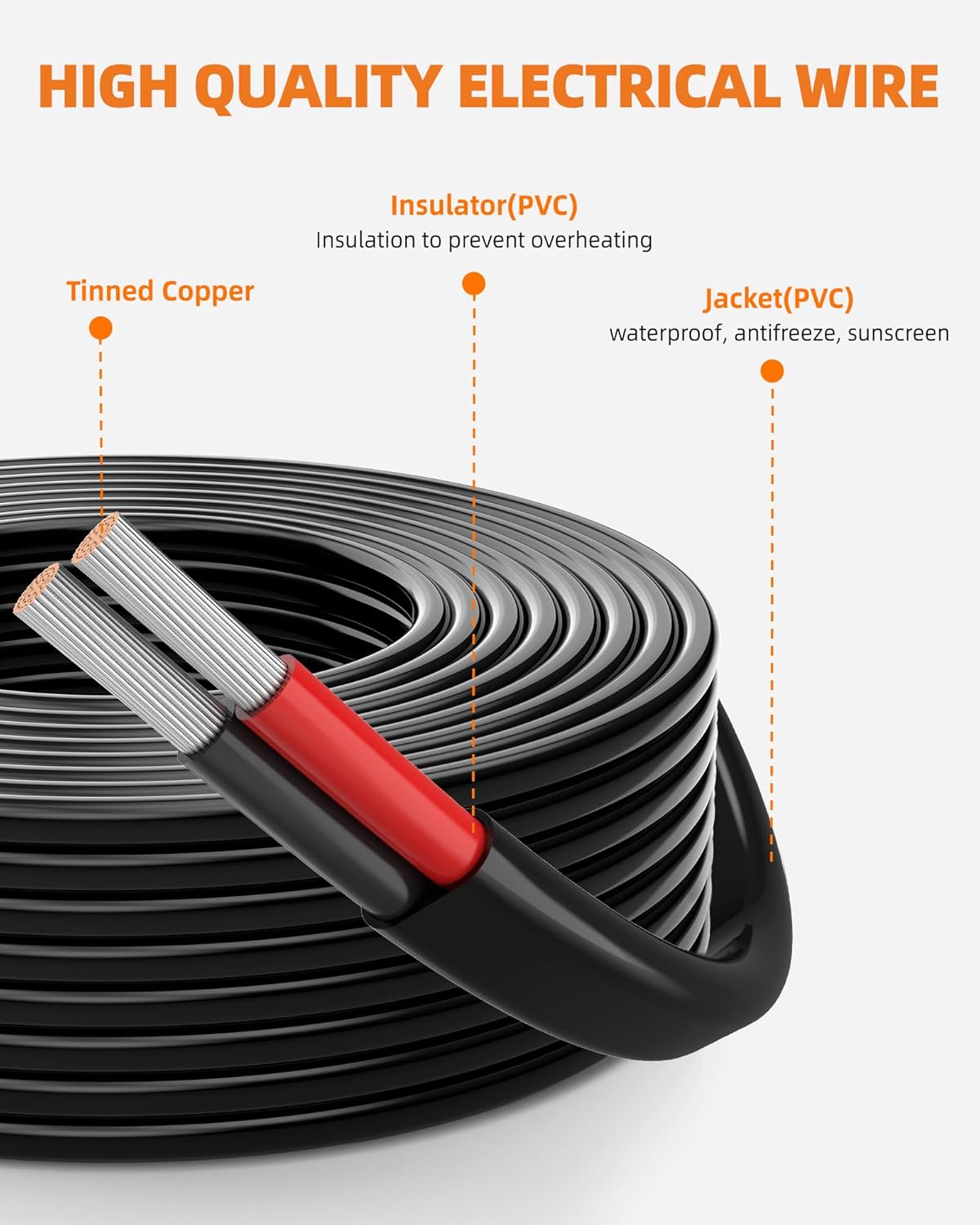 10 Gauge Wire, 10 AWG 2 Conductor Electrical Wire, Flexible/Oxygen-Free Tinned Copper/Stranded PVC 10/2 Cord for Automotive, Marine, LED Strips, Solar, RV, Lighting (100FT)