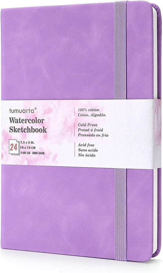 tumuarta 100% Cotton Watercolor Journal Sketchbook, Cold Press, 7.5x5 in, 140 LB, 300GSM, Acid Free, 24 Sheets,48 Pages, Watercolor Journal for Use As Travel Notebook and Mixed Media Pad On The Go