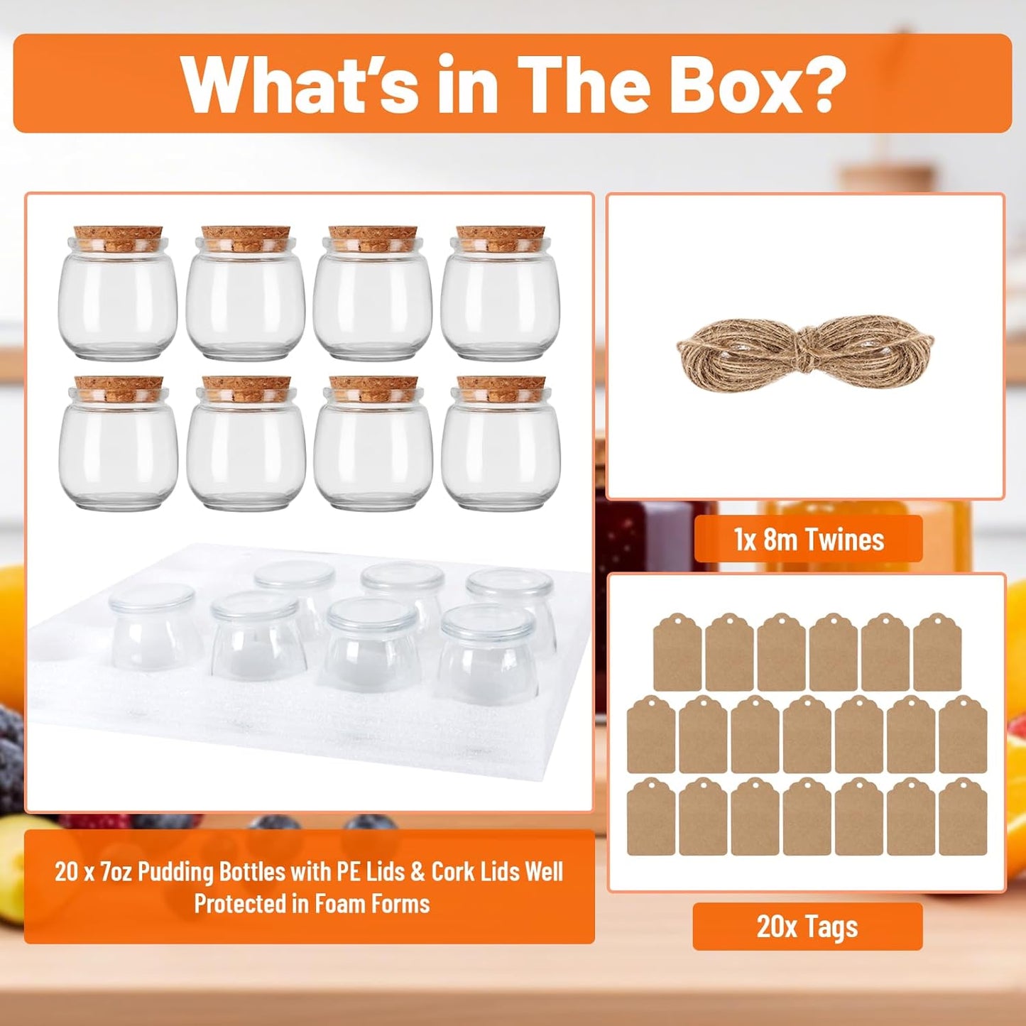 7oz Glass Jars with Cork & PE Lids 20Pack, Small Glass Pudding Jar for Wedding Favors, Milk, Jams and DIY Gift, Yogurt Jars with Tags and Twine Included