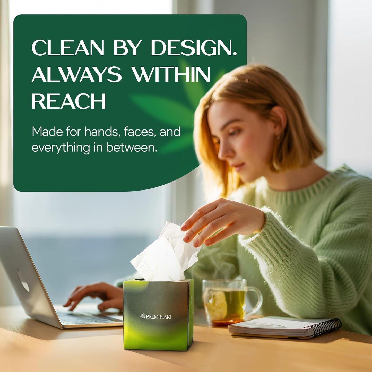 Bamboo Facial Tissue | 3-Ply Strong | Lint-Free, Fragrance-Free | Gentle for Sensitive Skin | BPA & PFAS-Free, FSC Certified | 8 Cube Boxes (480 Sheets) | PALM NAKI